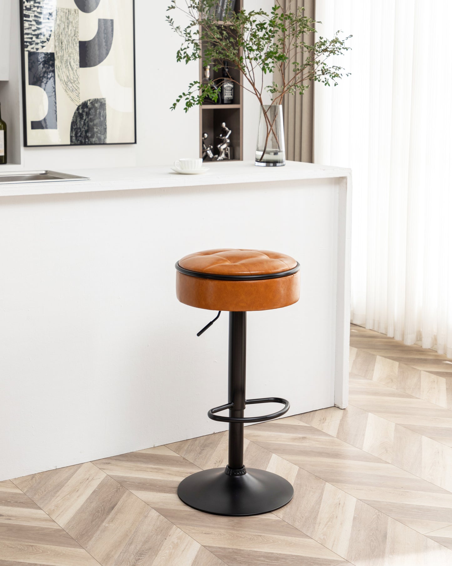 Adjustable Brown Faux Leather Bar Stool Set of 2 360° Swivel Armless Counter Height Chairs for Kitchen Dining Living Room