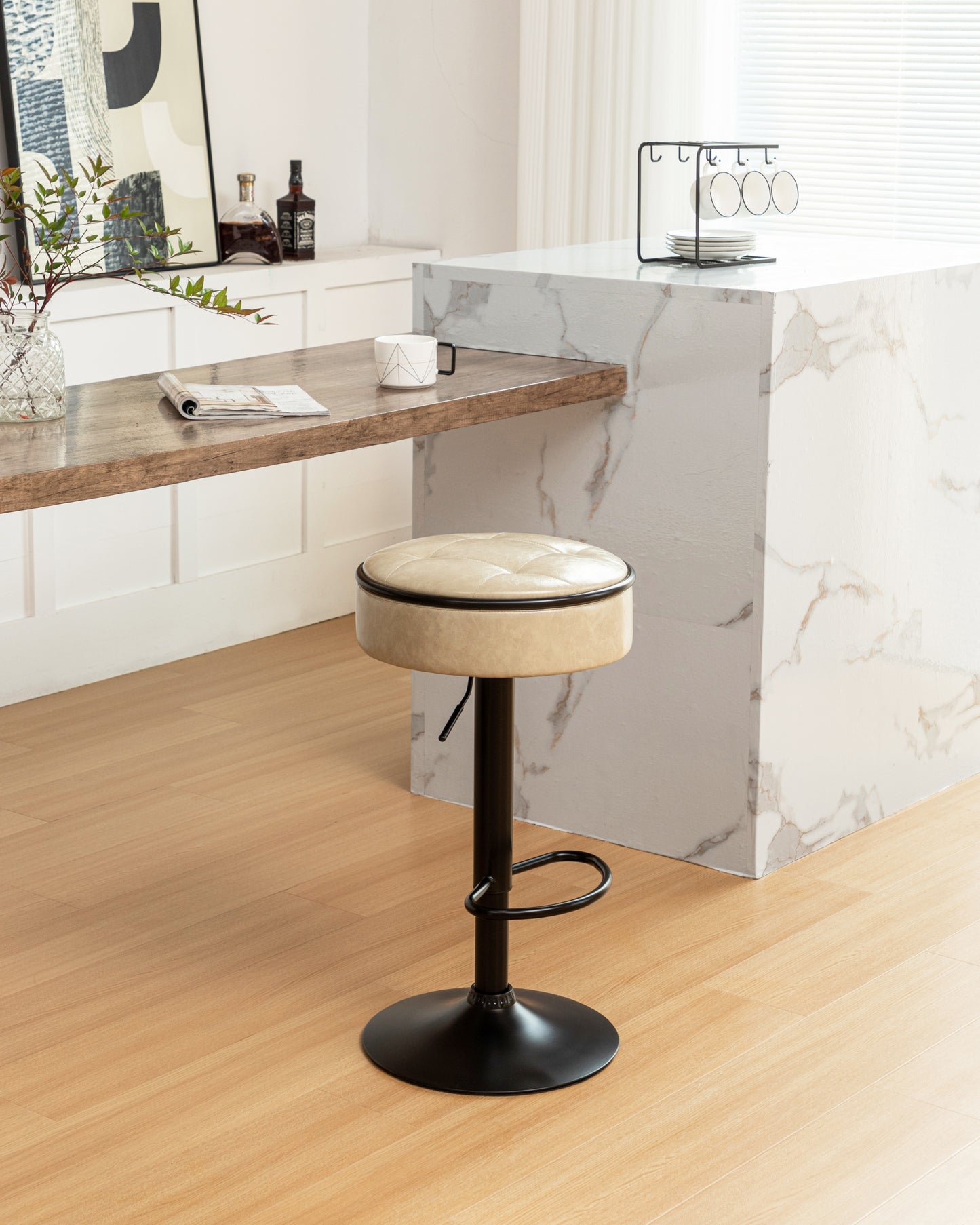 Khaki Faux Leather Adjustable Bar Stool Set of 2 360° Swivel Armless Counter Chairs with Metal Frame for Kitchen Dining Living Room