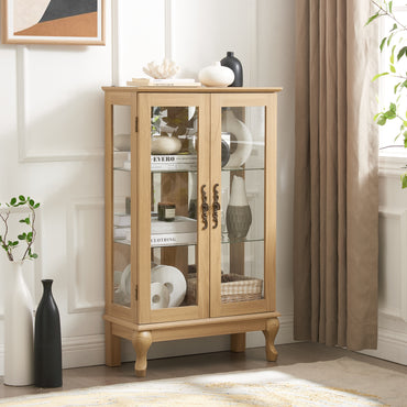 Elegant Oak Curio Cabinet with Glass Doors Adjustable Shelves Mirrored Back Lighted Display for Home Office
