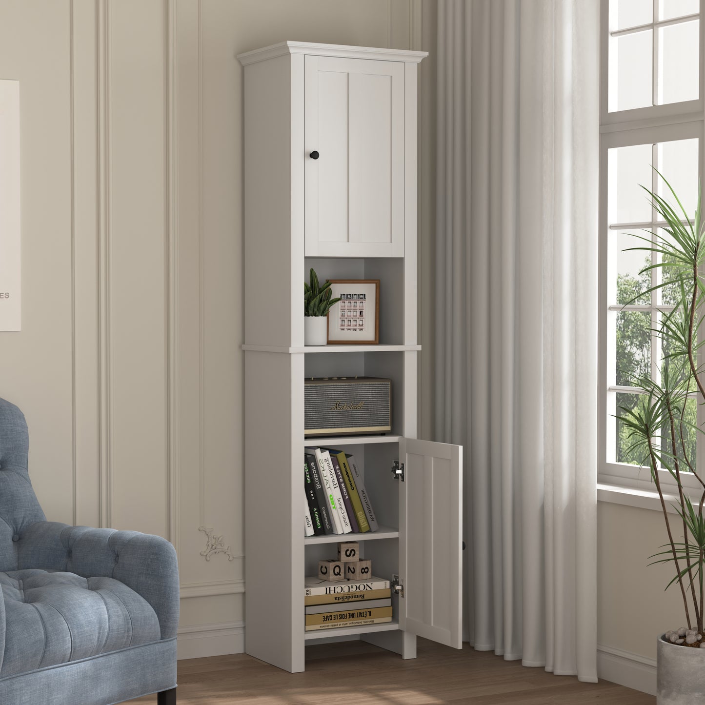 Bathroom Floor Storage Cabinet with 2 Doors, Wooden Living Room Cabinet with 6 Shelves, Space-Saving Organizer 15.75x11.81x66.93