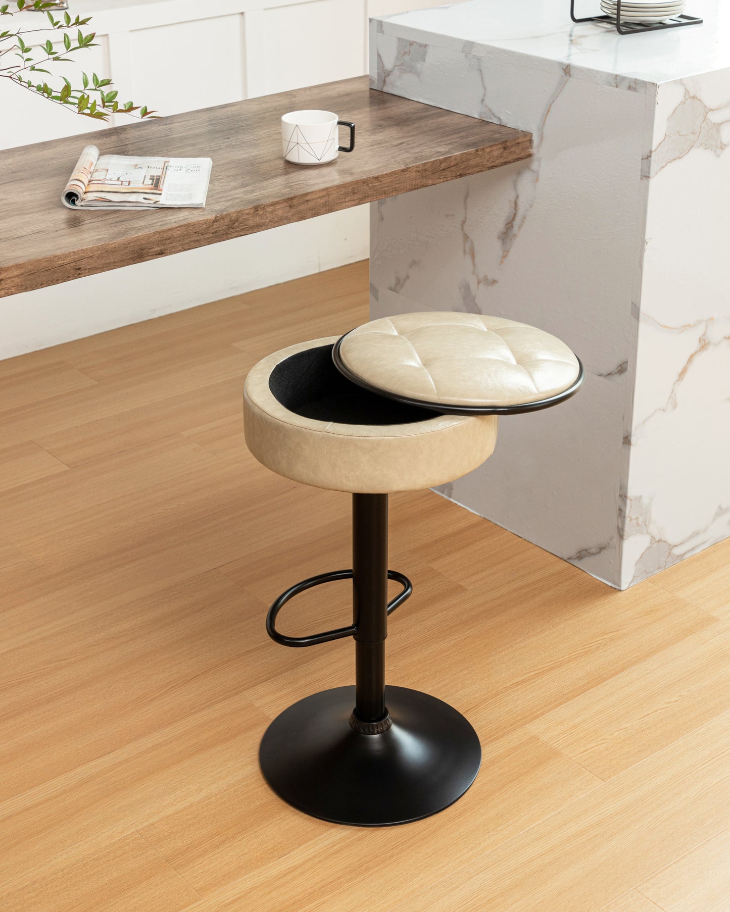 Khaki Faux Leather Adjustable Bar Stool Set of 2 360° Swivel Armless Counter Chairs with Metal Frame for Kitchen Dining Living Room