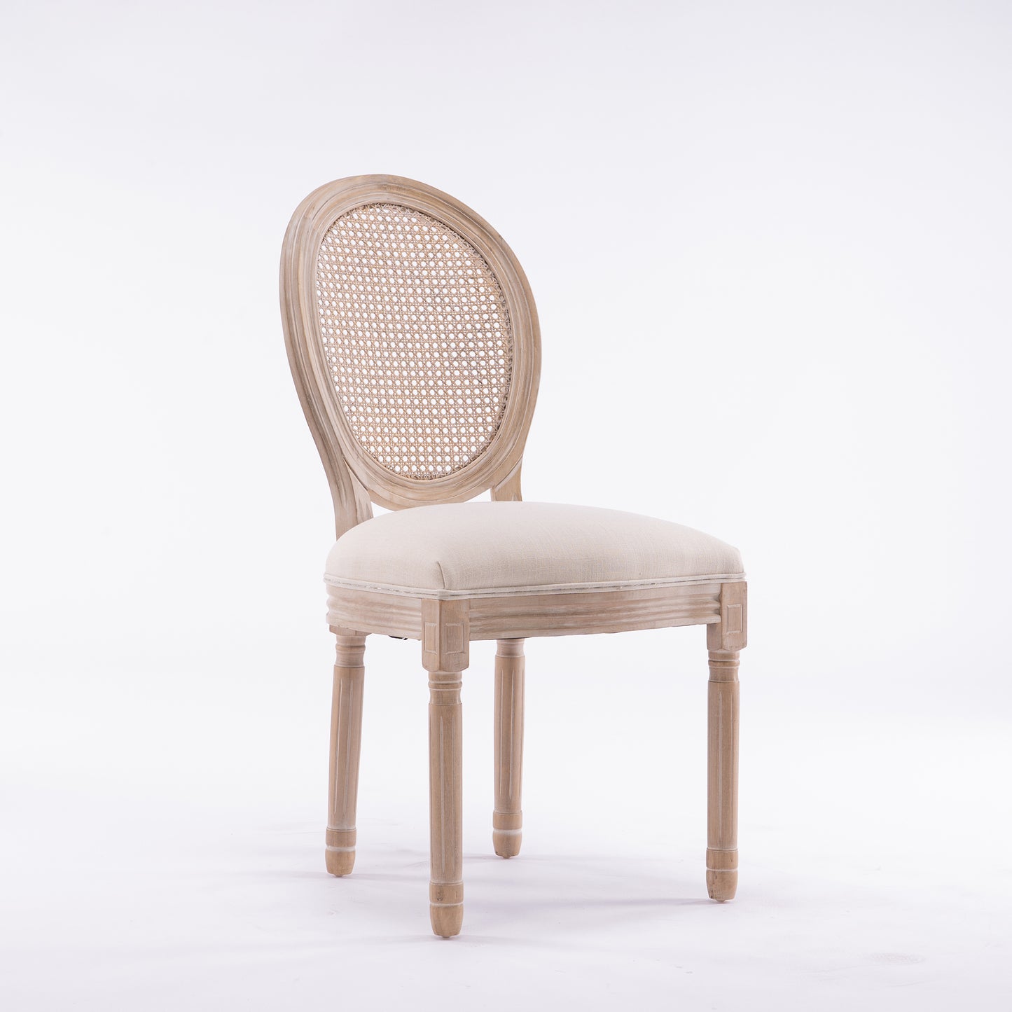 French Style Solid Wood Frame  Linen Fabric Rattan Back Dining Chair,Set of 2,Cream