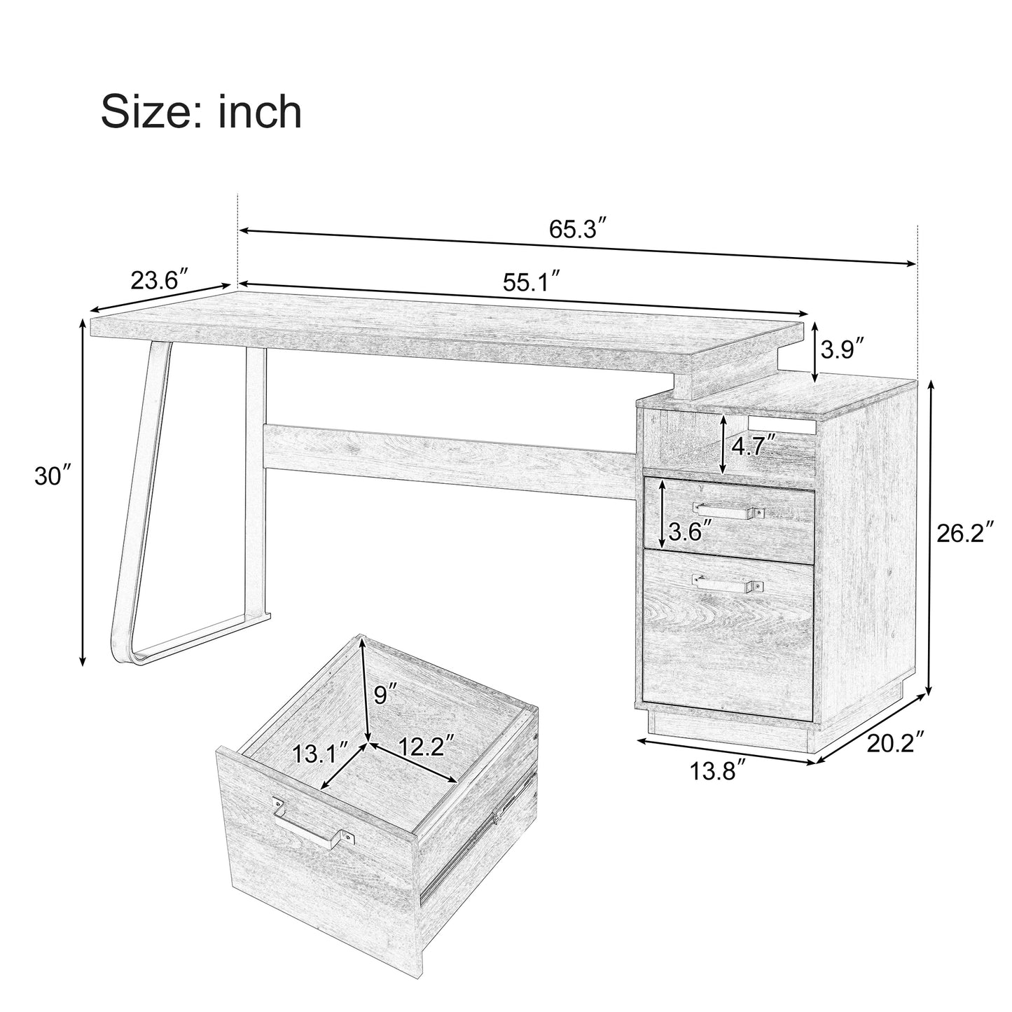 Home Office Computer Desk with Drawers and Hanging File Storage 65 Inch Writing Study Table for Workspace Organization