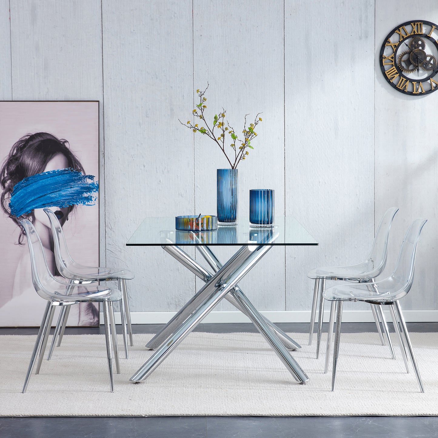 Modern Minimalist Transparent Dining Chair Set 6pcs Armless Nordic Makeup Stool with Silver Plated Metal Legs