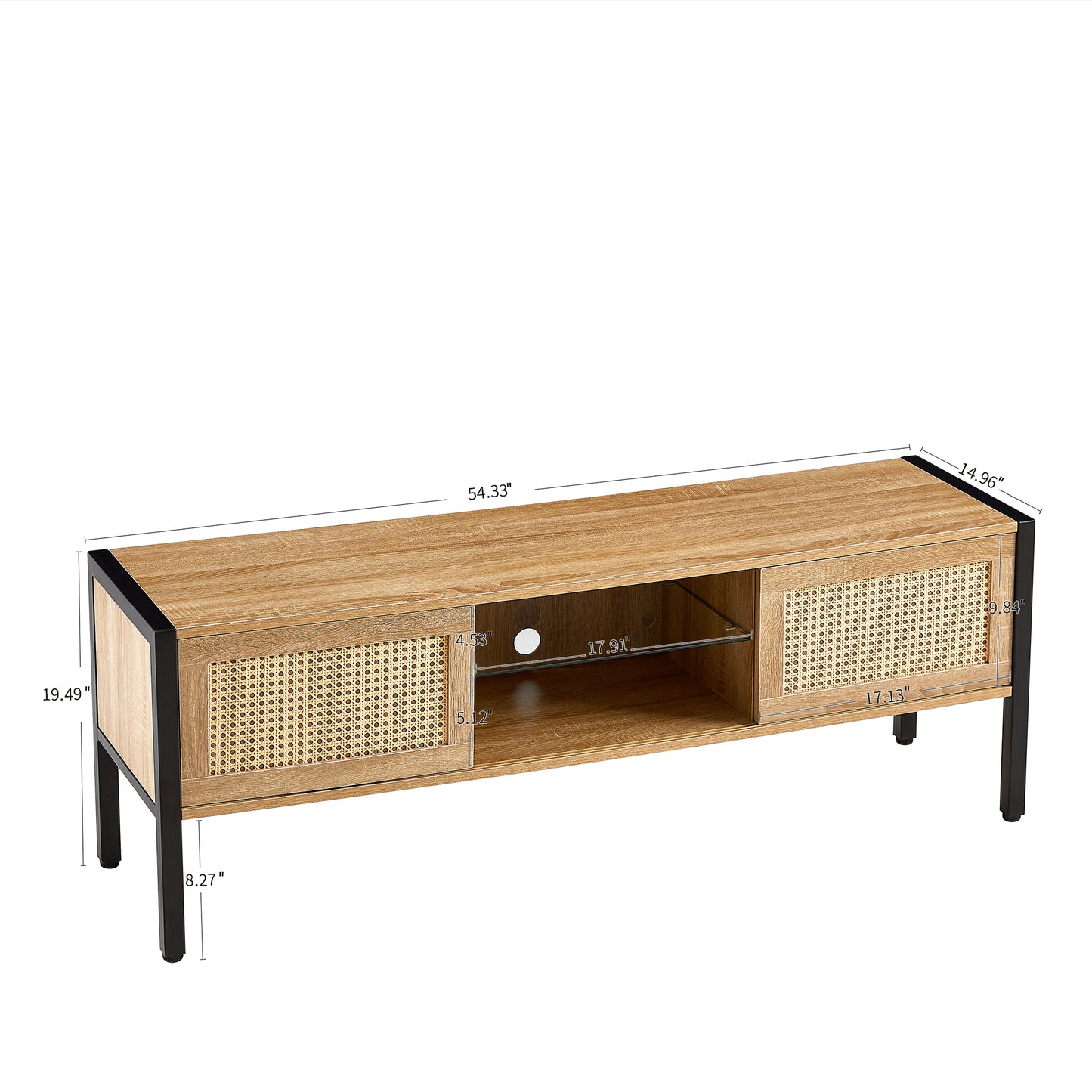 Rattan TV Cabinet with Adjustable Shelf Double Sliding Doors and Color Light Strip Metal Legs for Living Room Storage