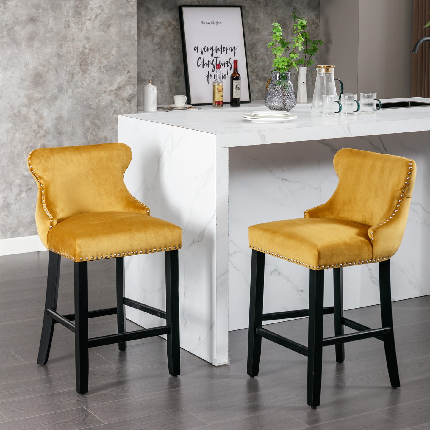 Gold Velvet Wing-Back Barstools with Button Tufting and Chrome Nailhead Trim Set of 2