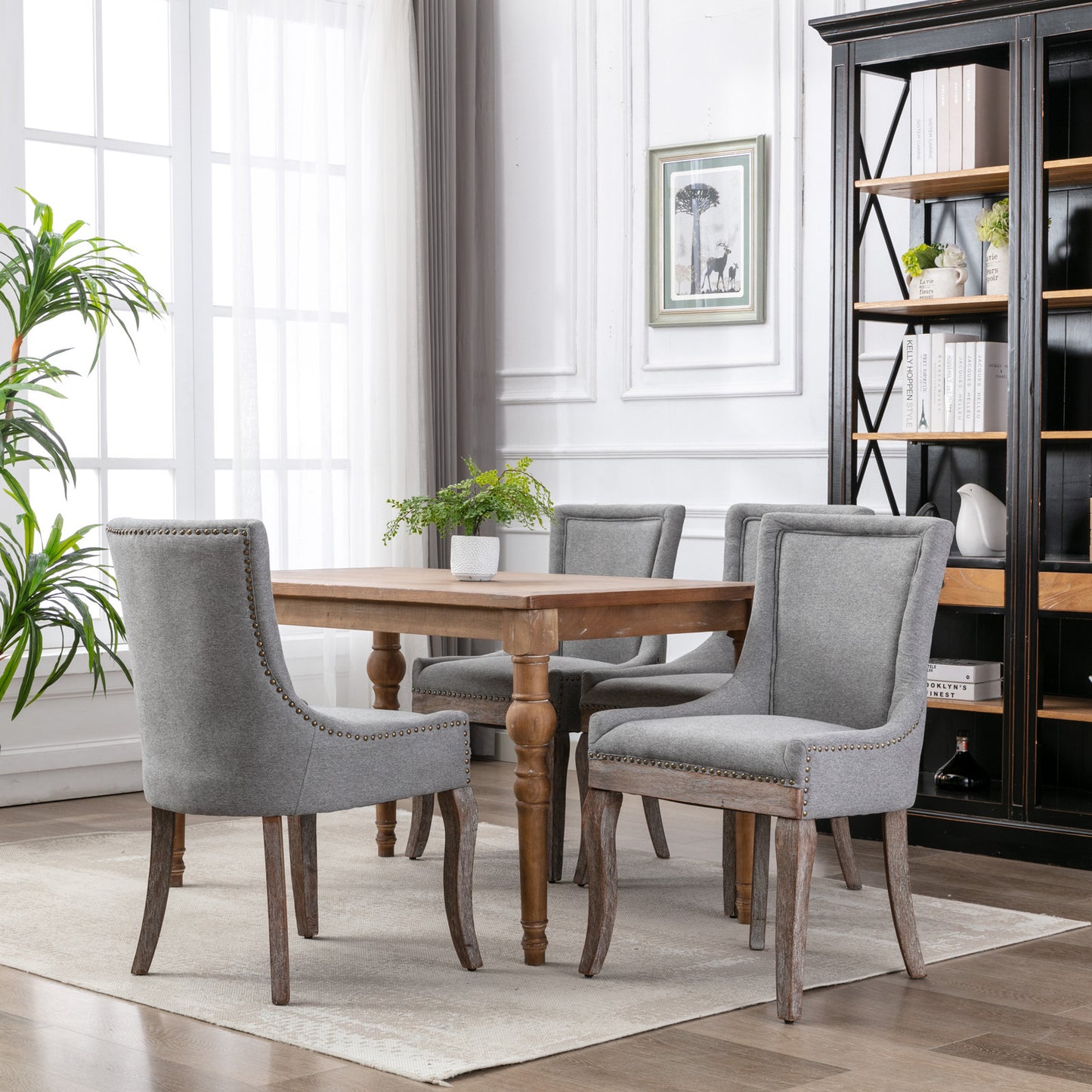 Ultra Side Dining Chair,Thickened fabric chairs with neutrally toned solid wood legs, Bronze nail head,Set of 2,Gray