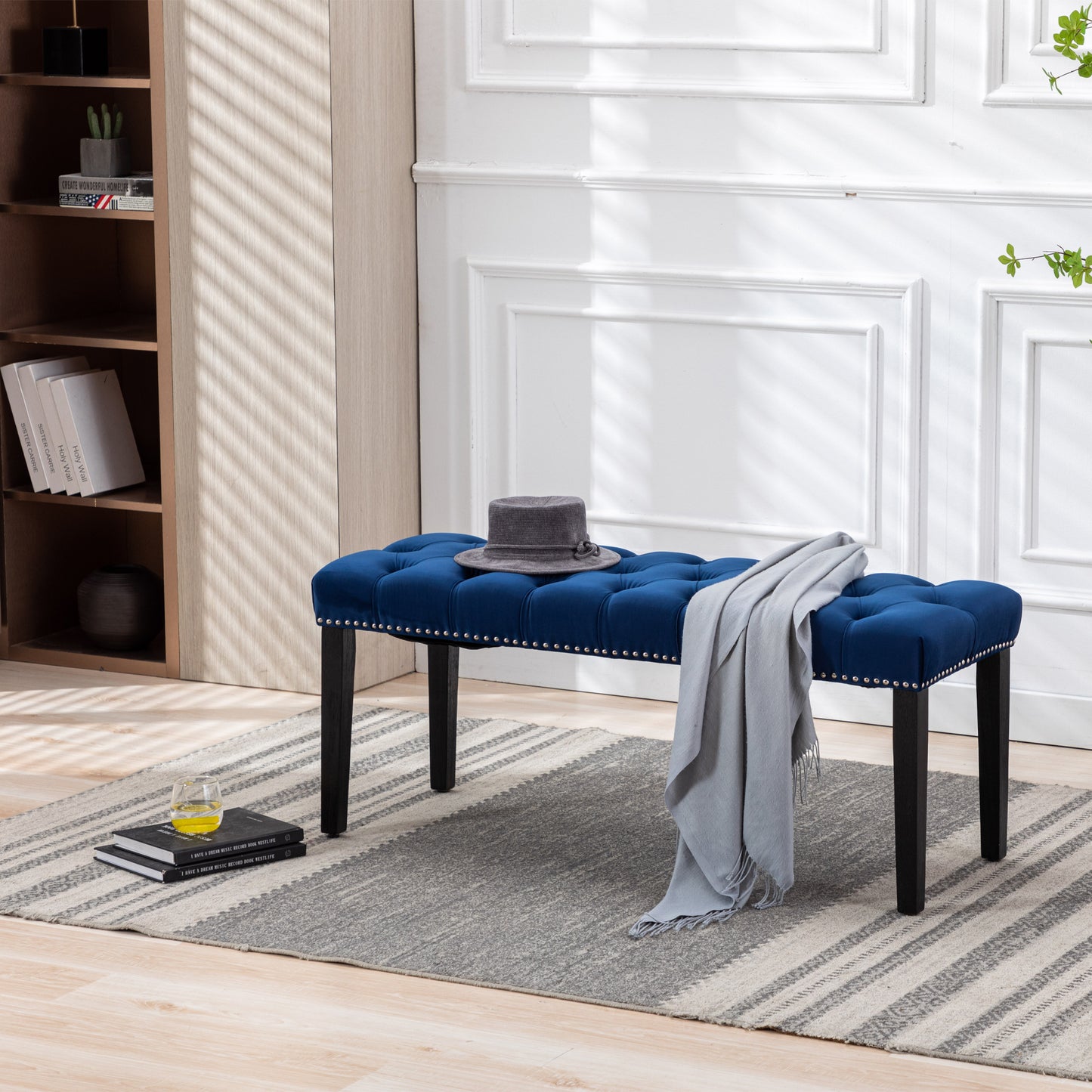 Heng Ming Upholstered Tufted Bench Ottoman , Velvet Dining Bench Bedroom Bench Footrest Stool Accent Bench for Entryway Dining Room Living Room, Blue