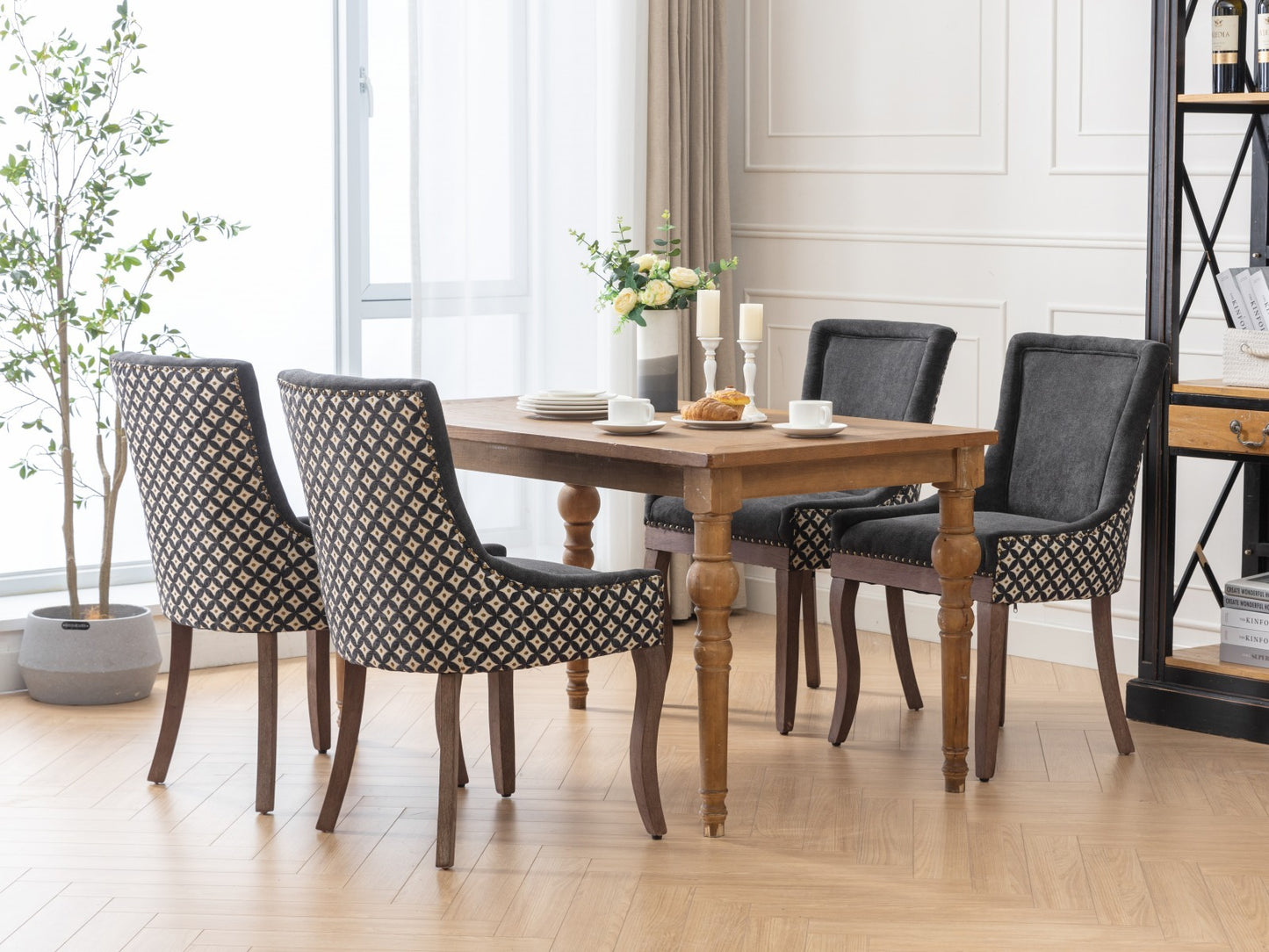 Ultra Side Dining Chair, Thickened fabric chairs with neutrally toned solid wood legs, Bronze nail head, Set of 2, Blue