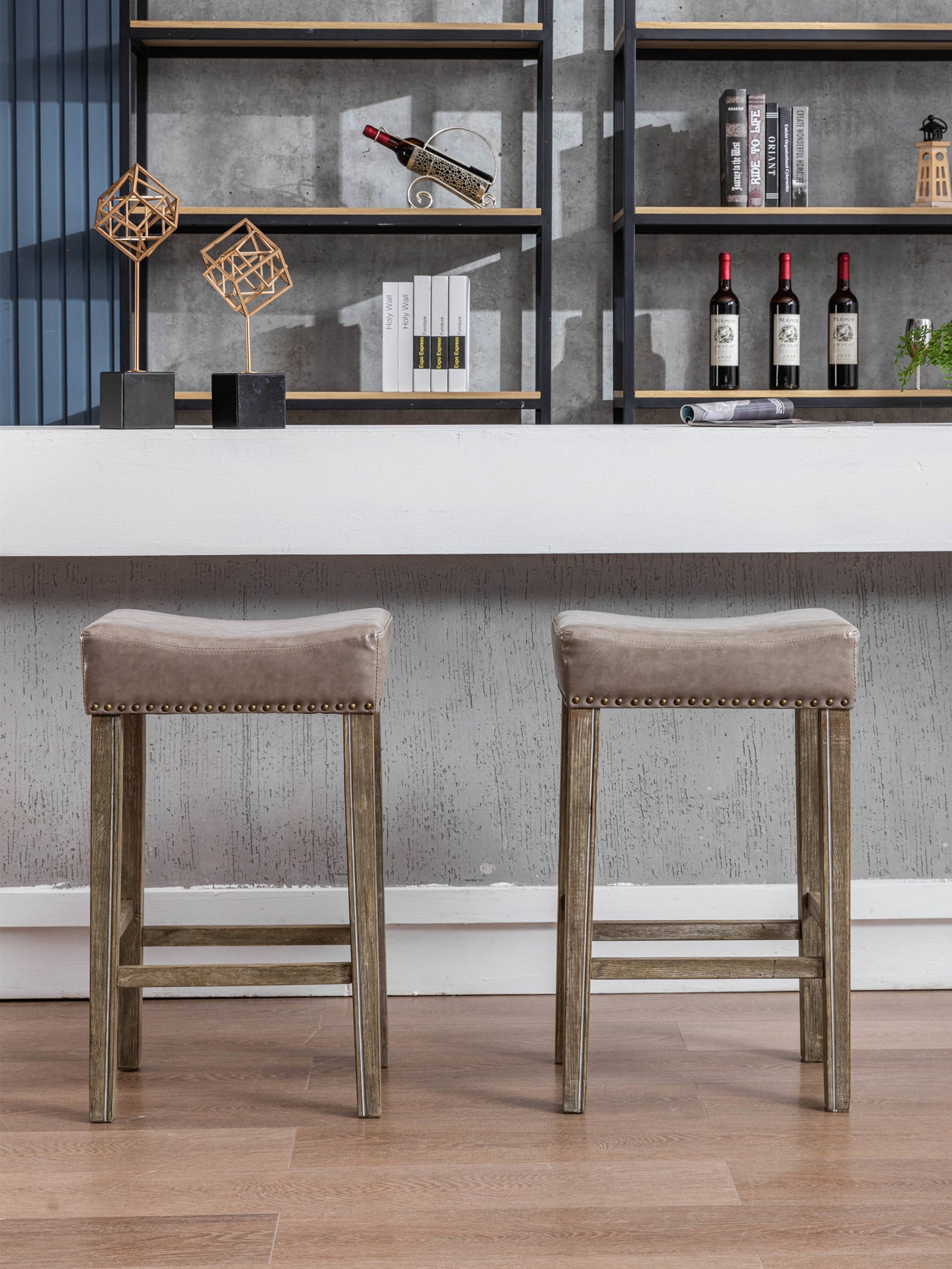 Counter Height 29" Bar Stools for Kitchen Counter Backless Faux Leather Stools Farmhouse Island Chairs (29 Inch, Gray, Set of 2)