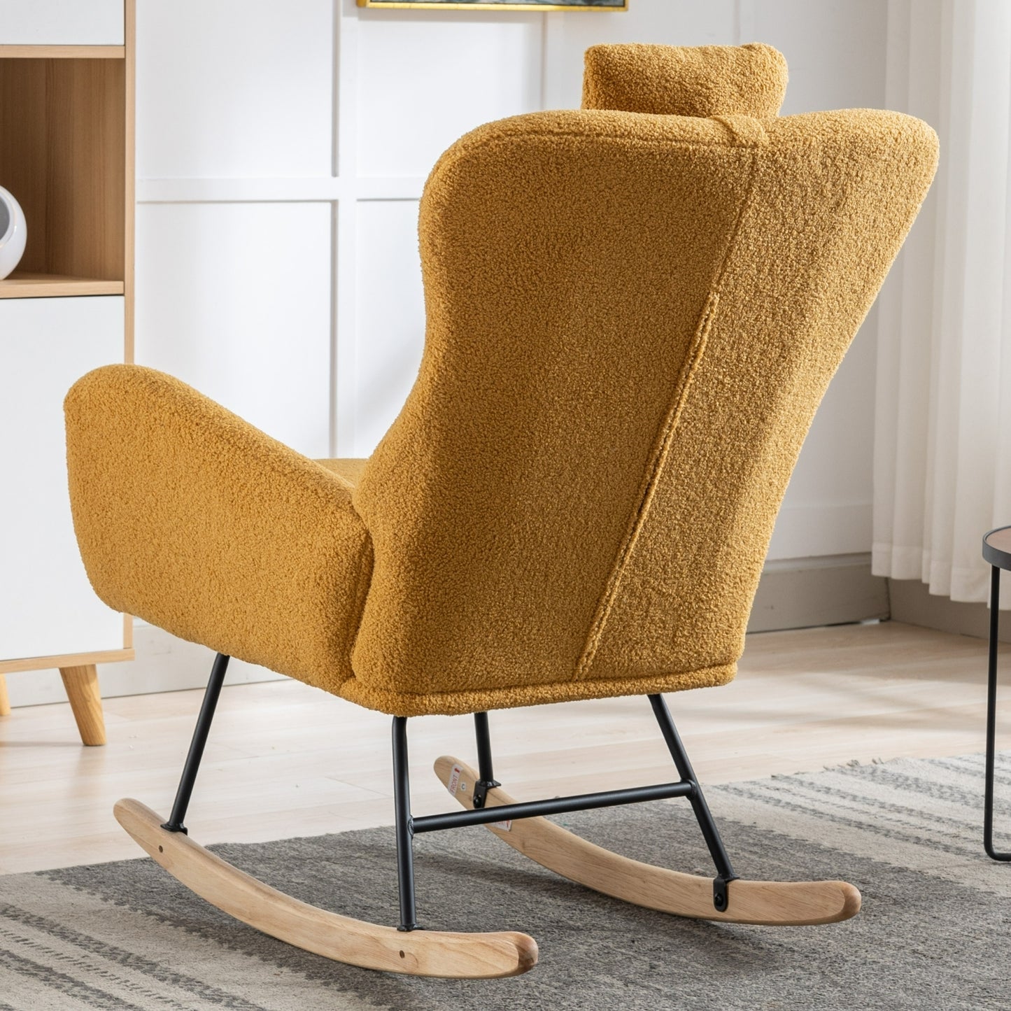 35.5 inch Rocking Chair with Pocket, Soft Teddy Fabric Rocking Chair for Nursery, Comfy Wingback Glider Rocker with Safe Solid Wood Base for Living Room Bedroom Balcony (TURMERIC)