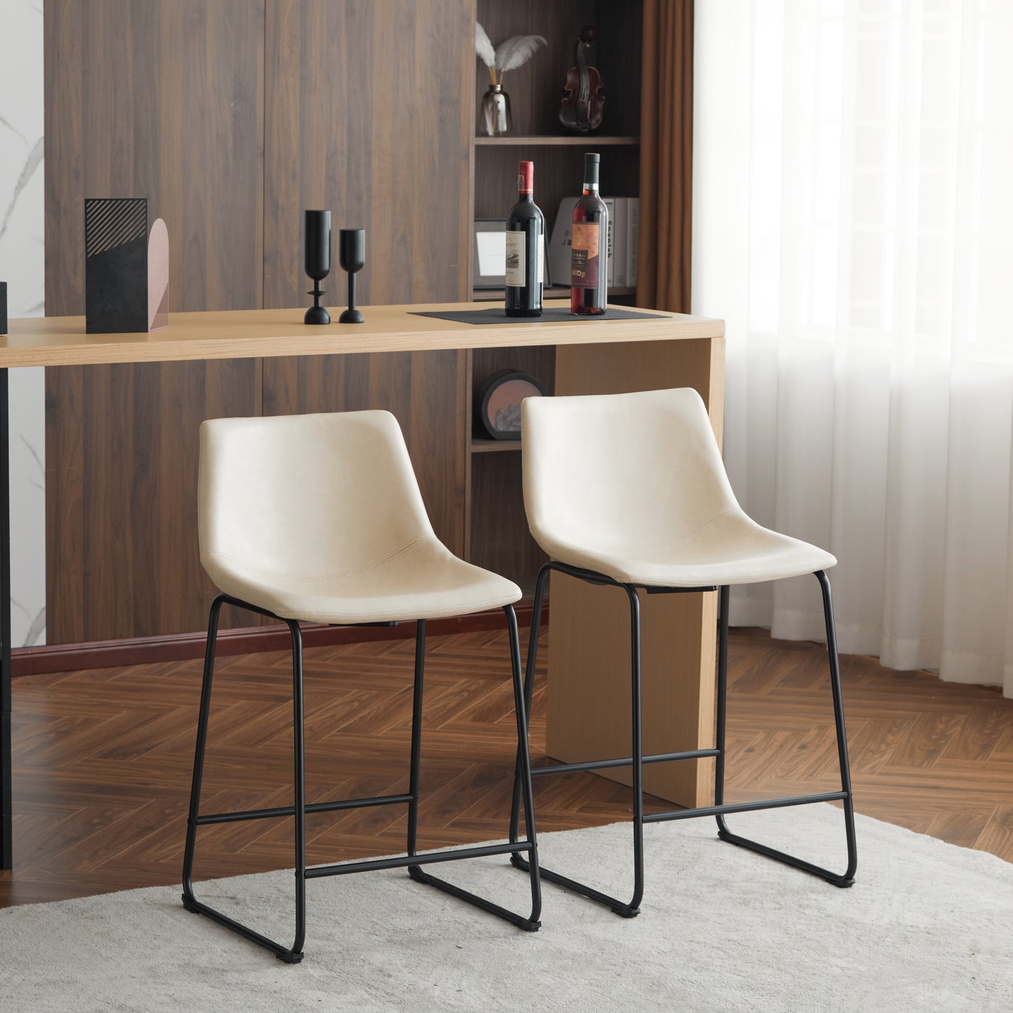 Vintage 24-Inch Armless Industrial Faux Leather Counter Stool Set of 2 Cream Black Metal Legs Footrest for Kitchen Cafe Bar