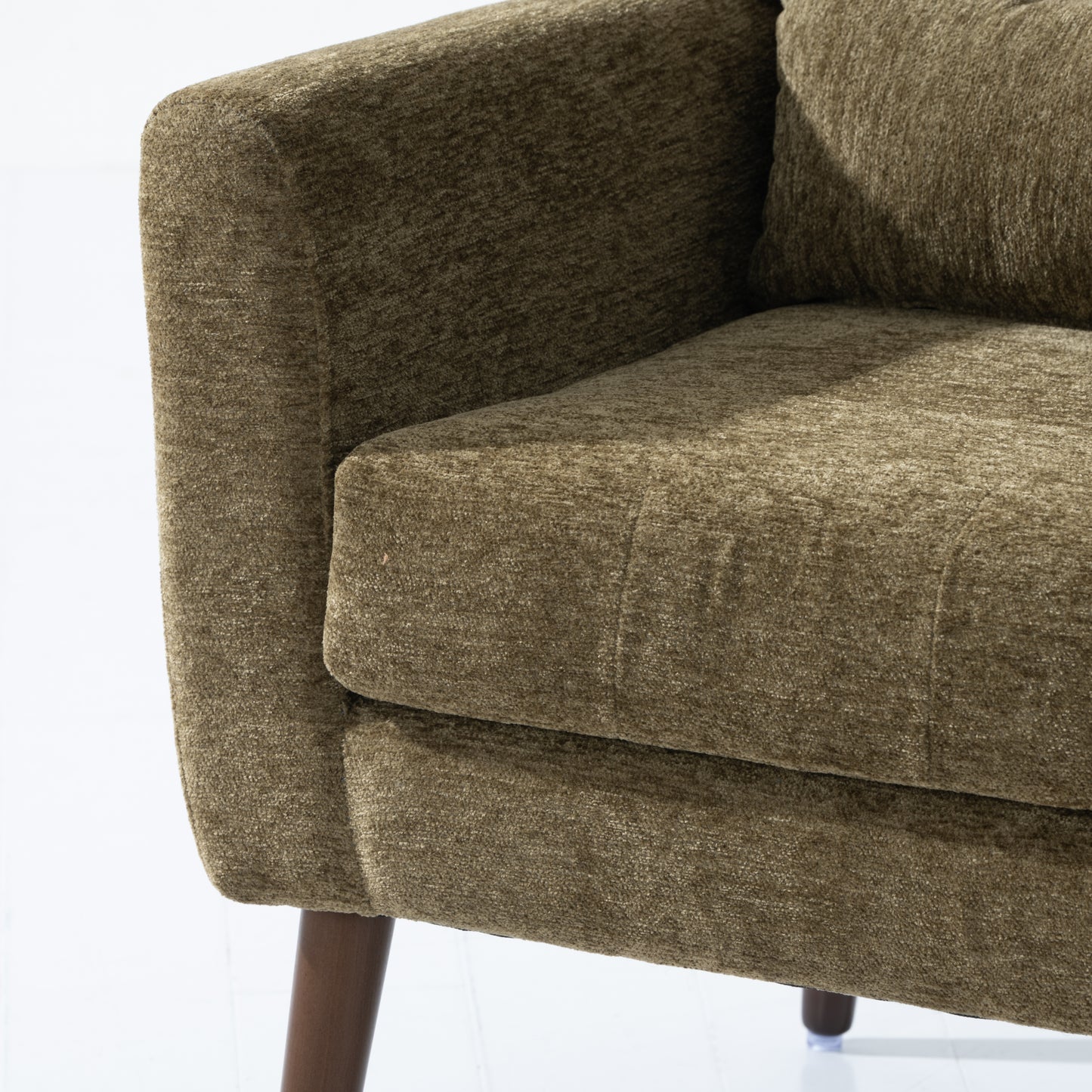 Olive Green Chenille Accent Chair for Living Room Modern Upholstered Armchair with Pillow and Solid Wood Legs