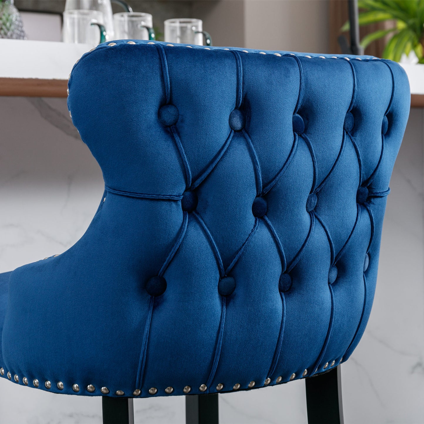 Contemporary Blue Velvet Wing-Back Barstools with Tufted Design and Wooden Legs Set of 2