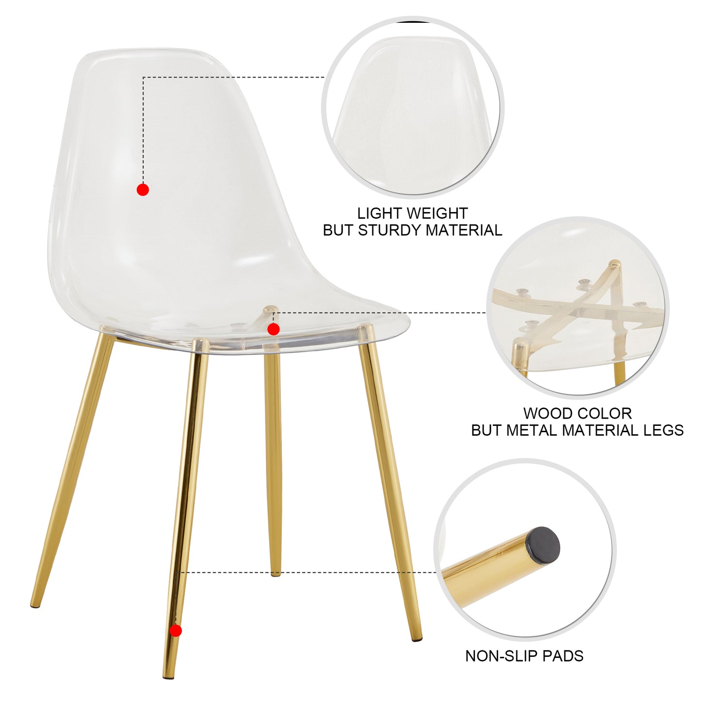Modern Minimalist Transparent Dining Chair Set with Gold-Plated Metal Legs - Nordic Armless Crystal Makeup Stools 6-Piece TW-1200