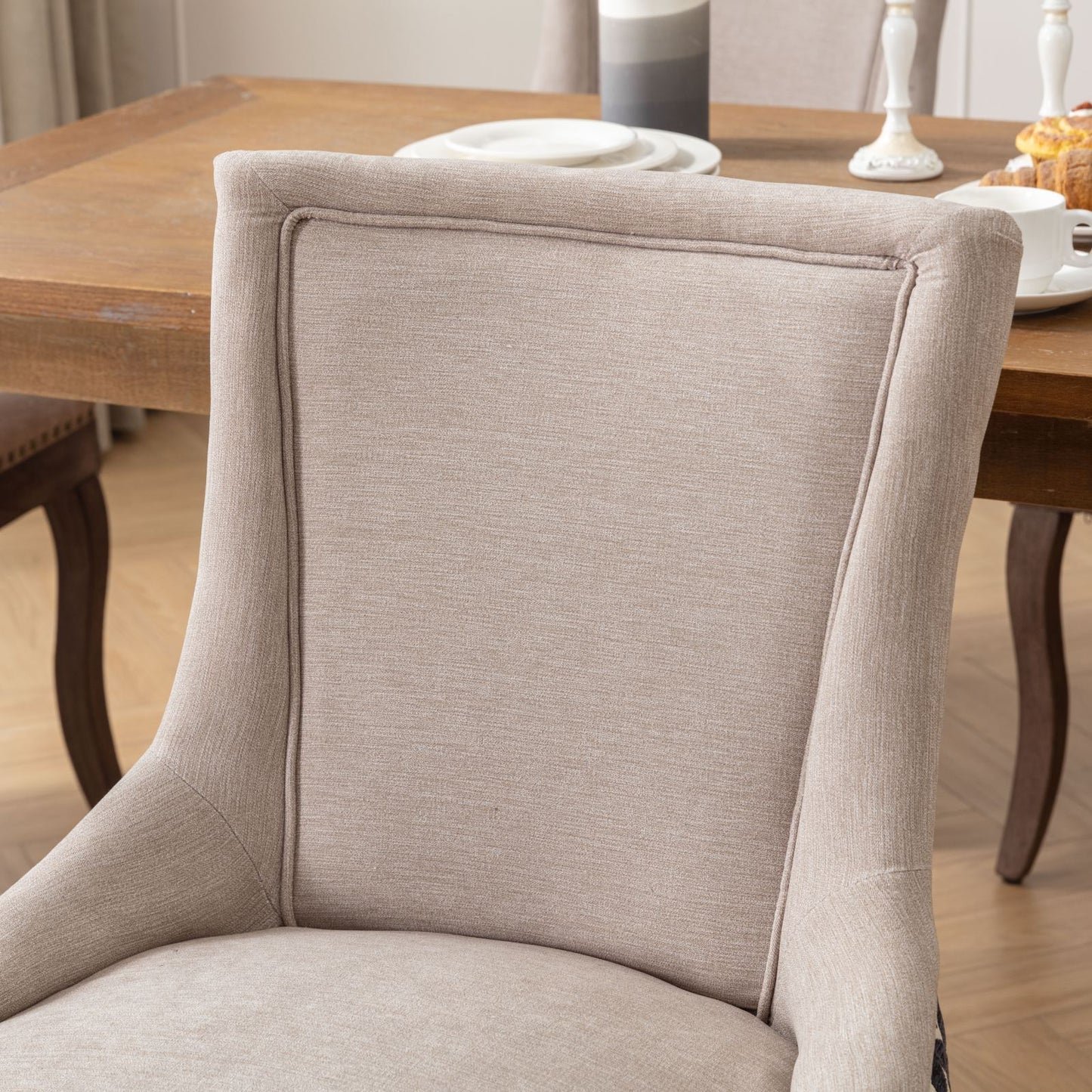 Ultra Side Dining Chairs Set of 2 Beige Thick Fabric with Solid Wood Legs and Bronze Nail Head