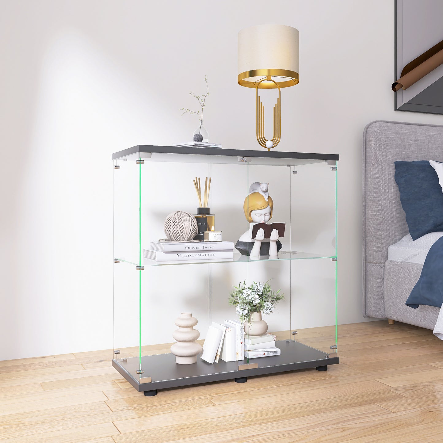 Two-Door Glass Display Cabinet with Shelves Floor Standing Curio Bookshelf for Living Room Bedroom Office 33.35x31.69x14.37 Black