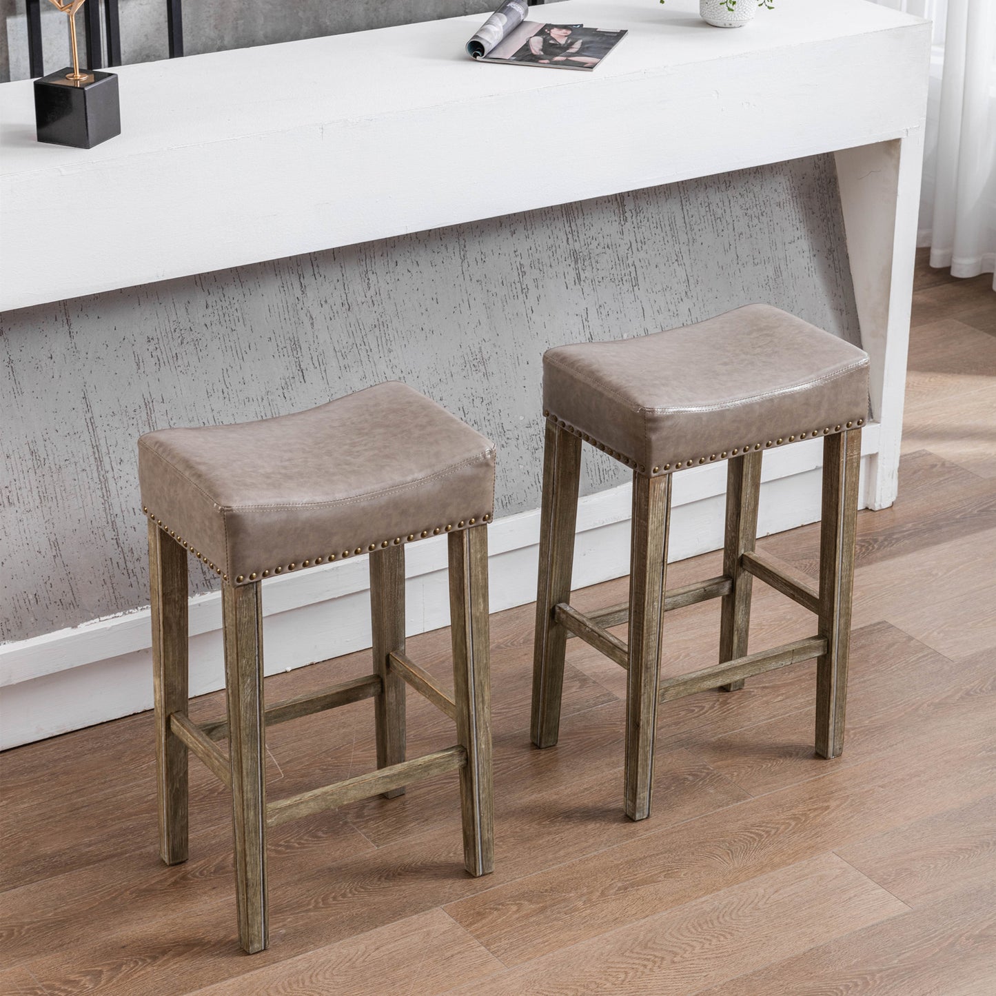 Counter Height 29" Bar Stools for Kitchen Counter Backless Faux Leather Stools Farmhouse Island Chairs (29 Inch, Gray, Set of 2)