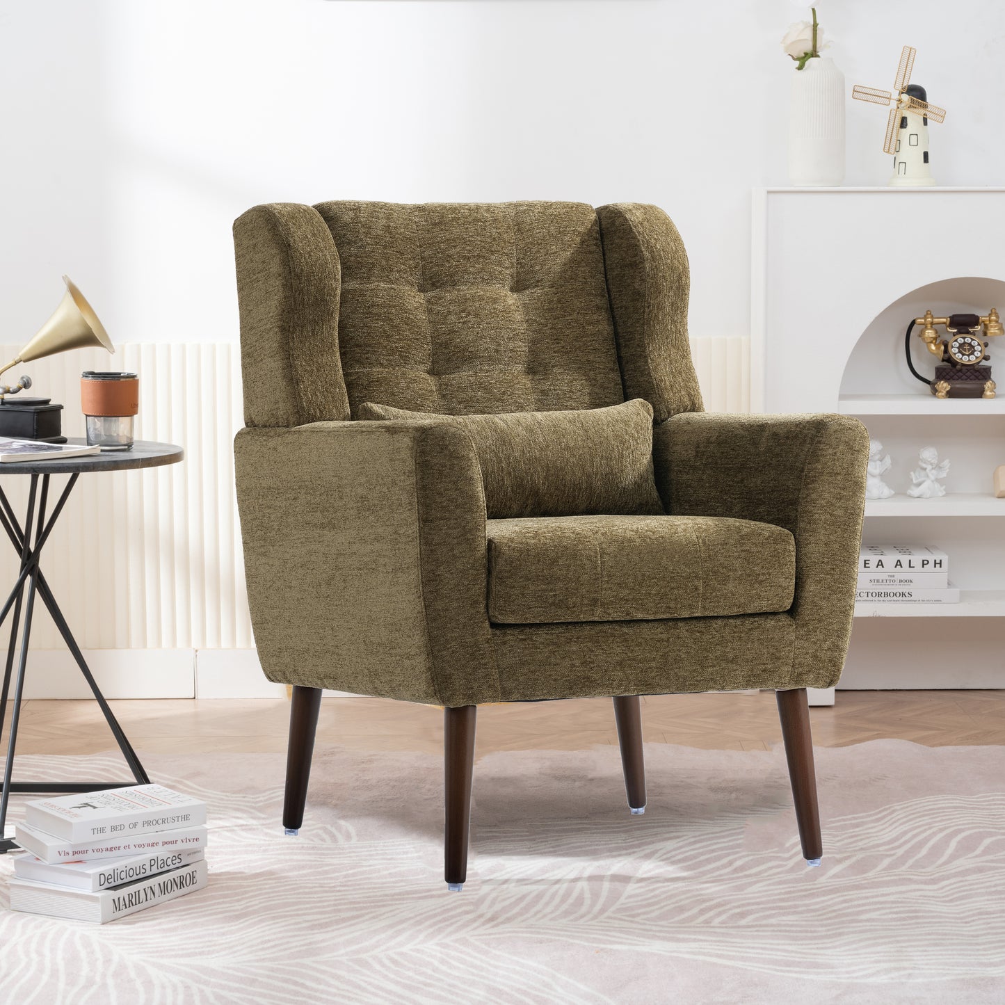 Olive Green Chenille Accent Chair for Living Room Modern Upholstered Armchair with Pillow and Solid Wood Legs