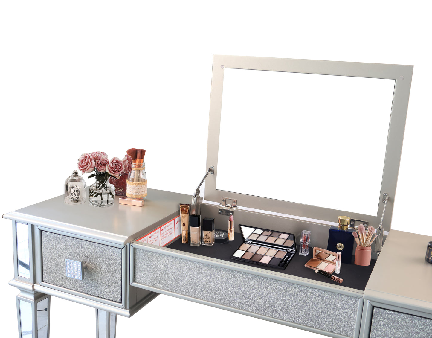 Mirrored Vanity Desk with Drawers and Stool, Flip Top Makeup Table Set for Bedroom, Stylish Dressing Table for Women and Girls
