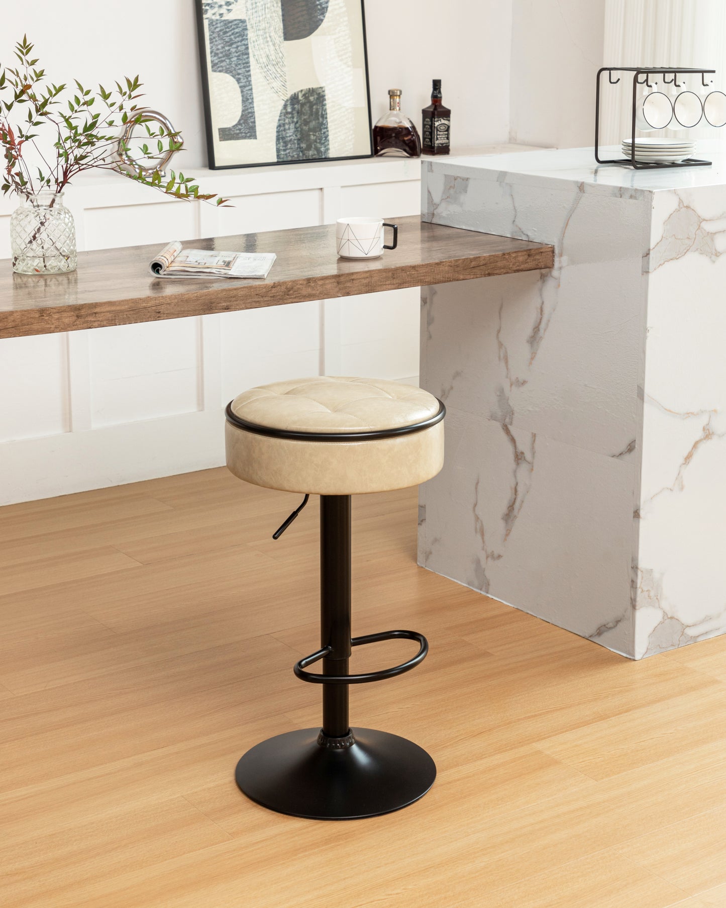 Khaki Faux Leather Adjustable Bar Stool Set of 2 360° Swivel Armless Counter Chairs with Metal Frame for Kitchen Dining Living Room