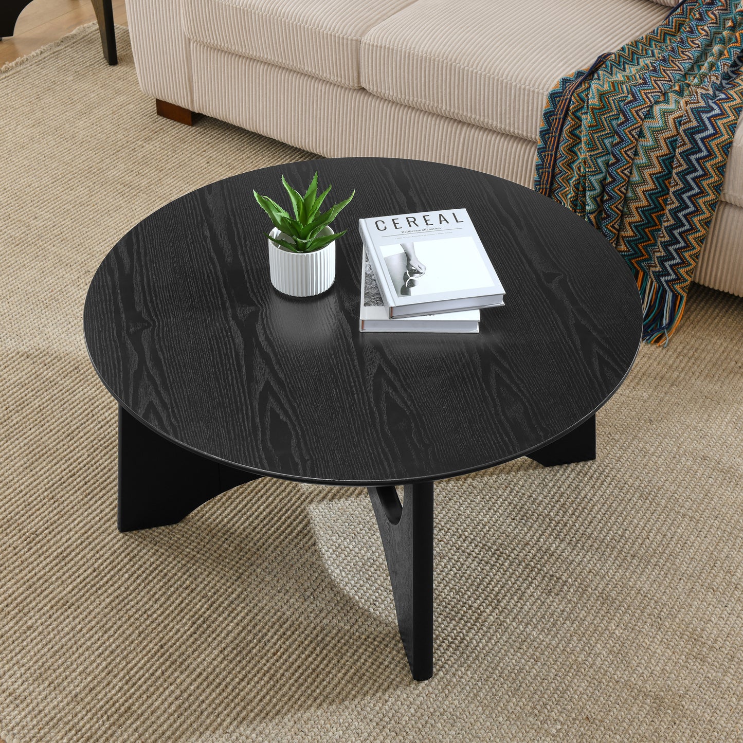 36 Inch Round Wooden Coffee Table for Living Room Reception Room Black Finish