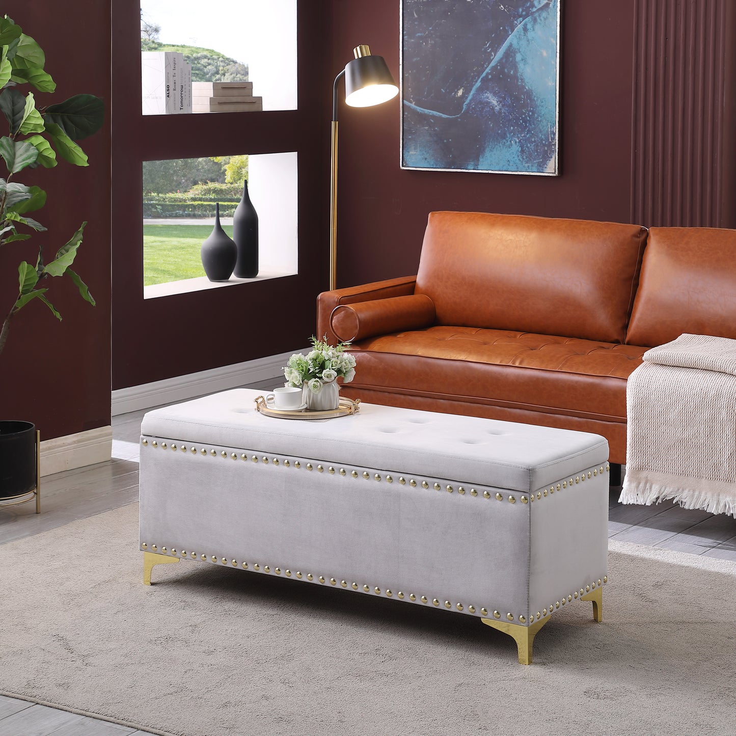 Large Storage Benches with Nailhead Trim Tufted Velvet 2 in 1 Combination for Living Room Entryway Hallway Bedroom Gold Legs 250lbs Capacity