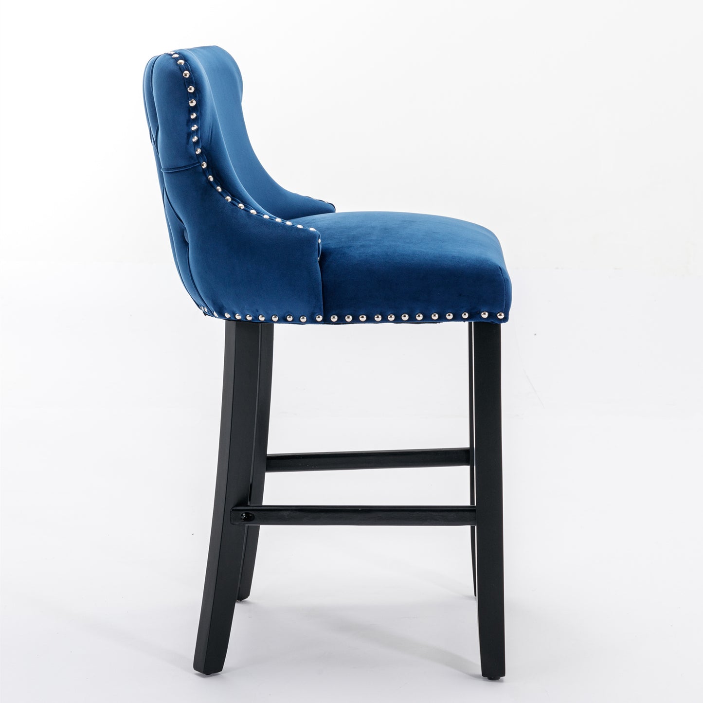 Contemporary Blue Velvet Wing-Back Barstools with Tufted Design and Wooden Legs Set of 2