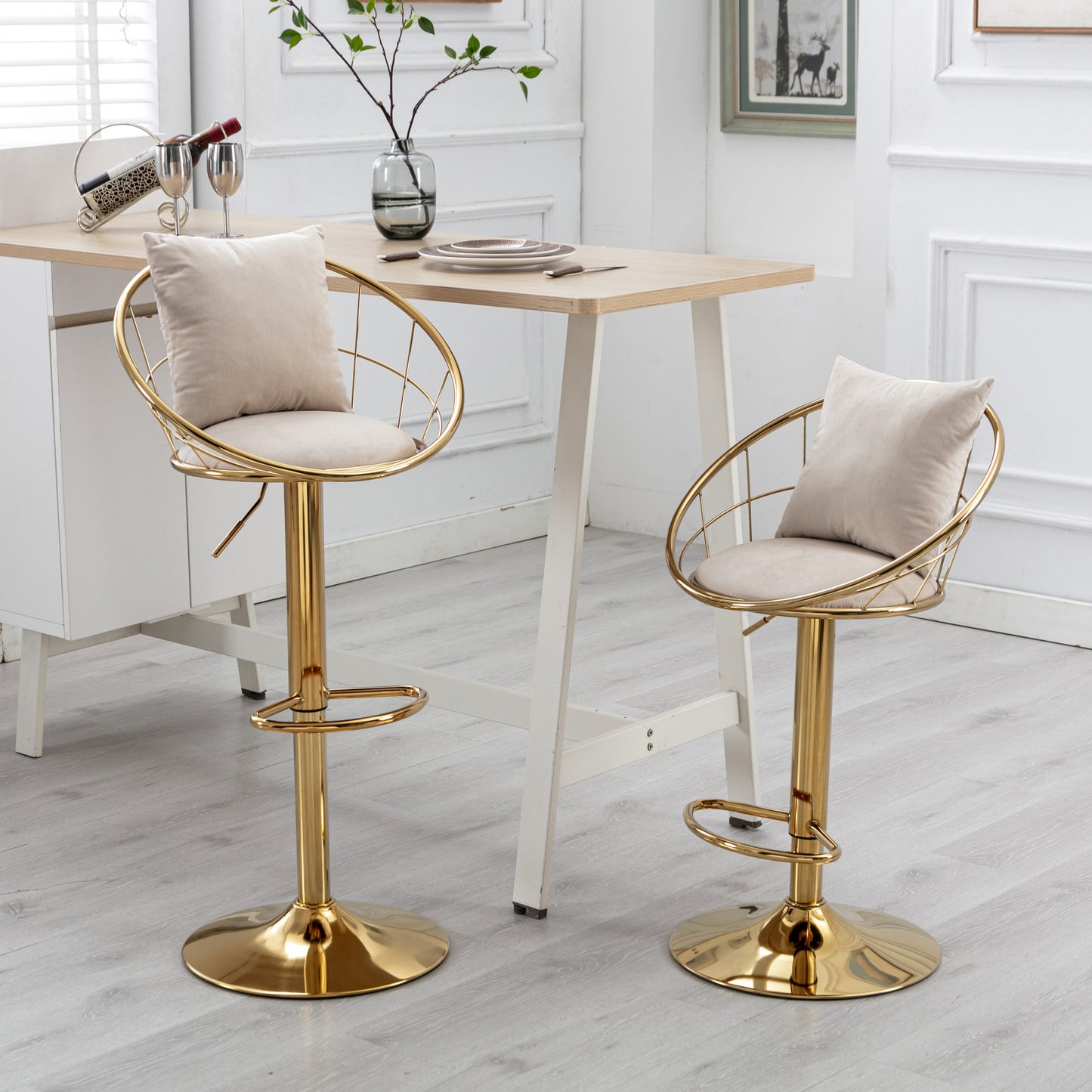 Velvet Bar Chair Set of 2 Pure Gold Plated Unique Design 360 Degree Rotation Adjustable Height for Dining Room and Bar