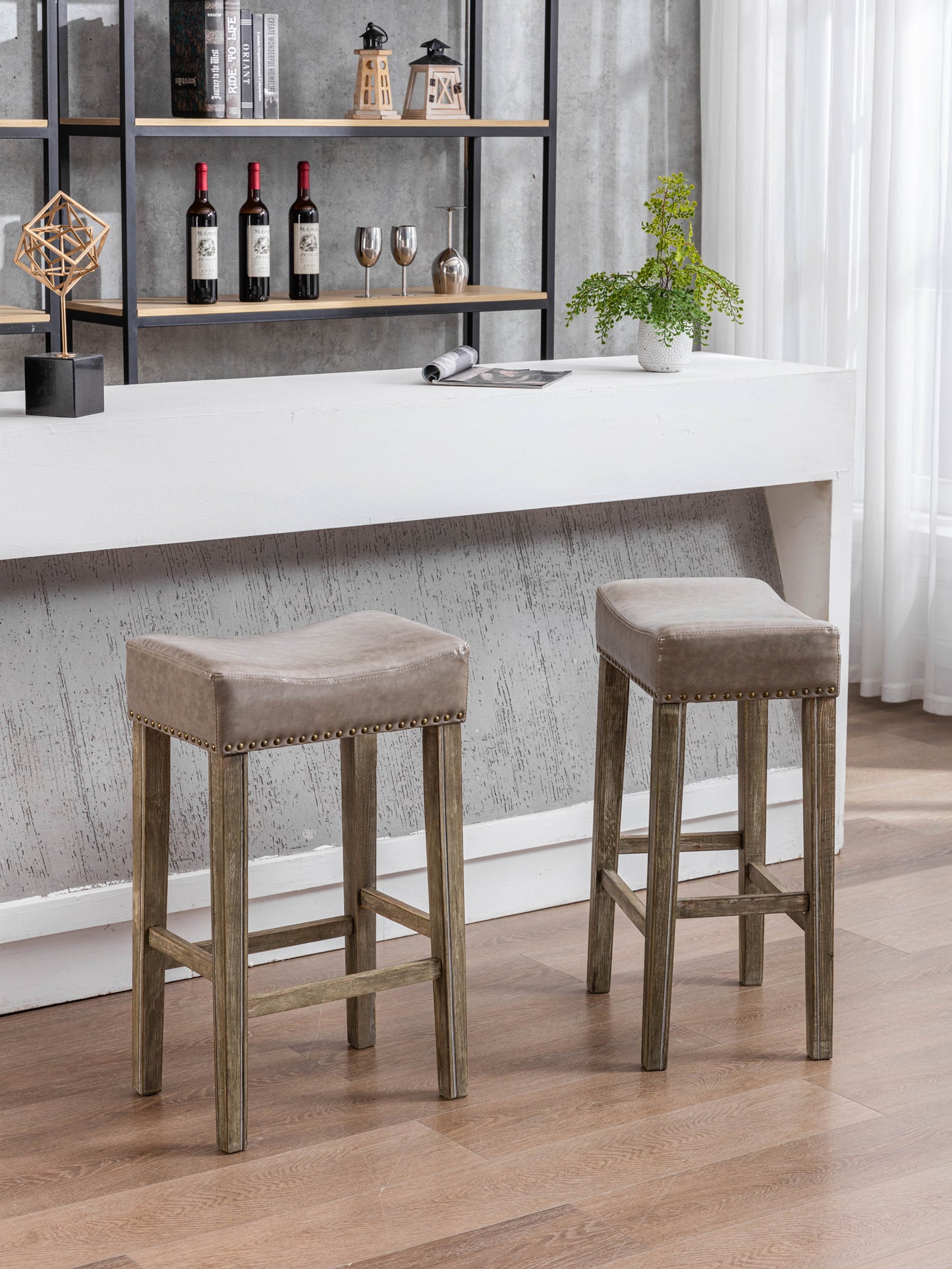 Counter Height 29" Bar Stools for Kitchen Counter Backless Faux Leather Stools Farmhouse Island Chairs (29 Inch, Gray, Set of 2)