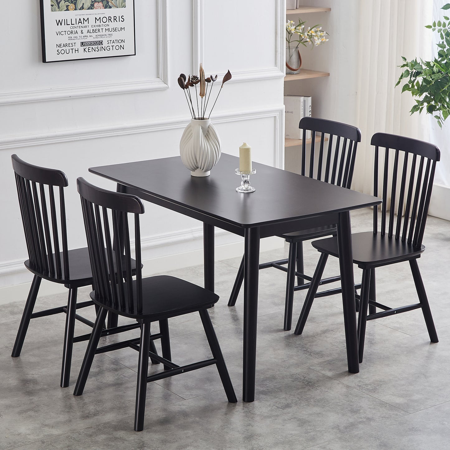 Black Rubber Wood Dining Chairs Set of 4 Simple Natural Solid Wood Living Room Seating