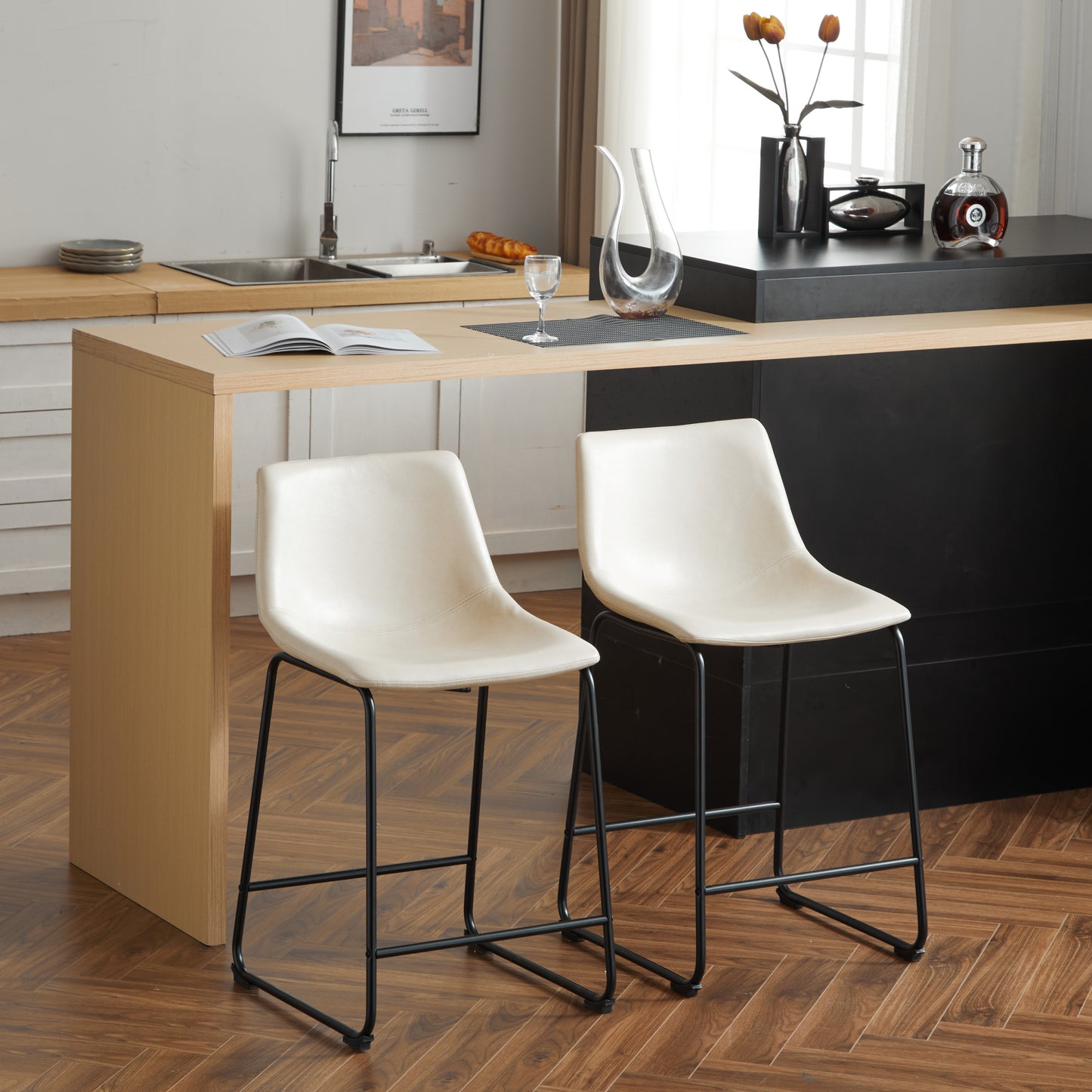 Vintage 24-Inch Armless Industrial Faux Leather Counter Stool Set of 2 Cream Black Metal Legs Footrest for Kitchen Cafe Bar
