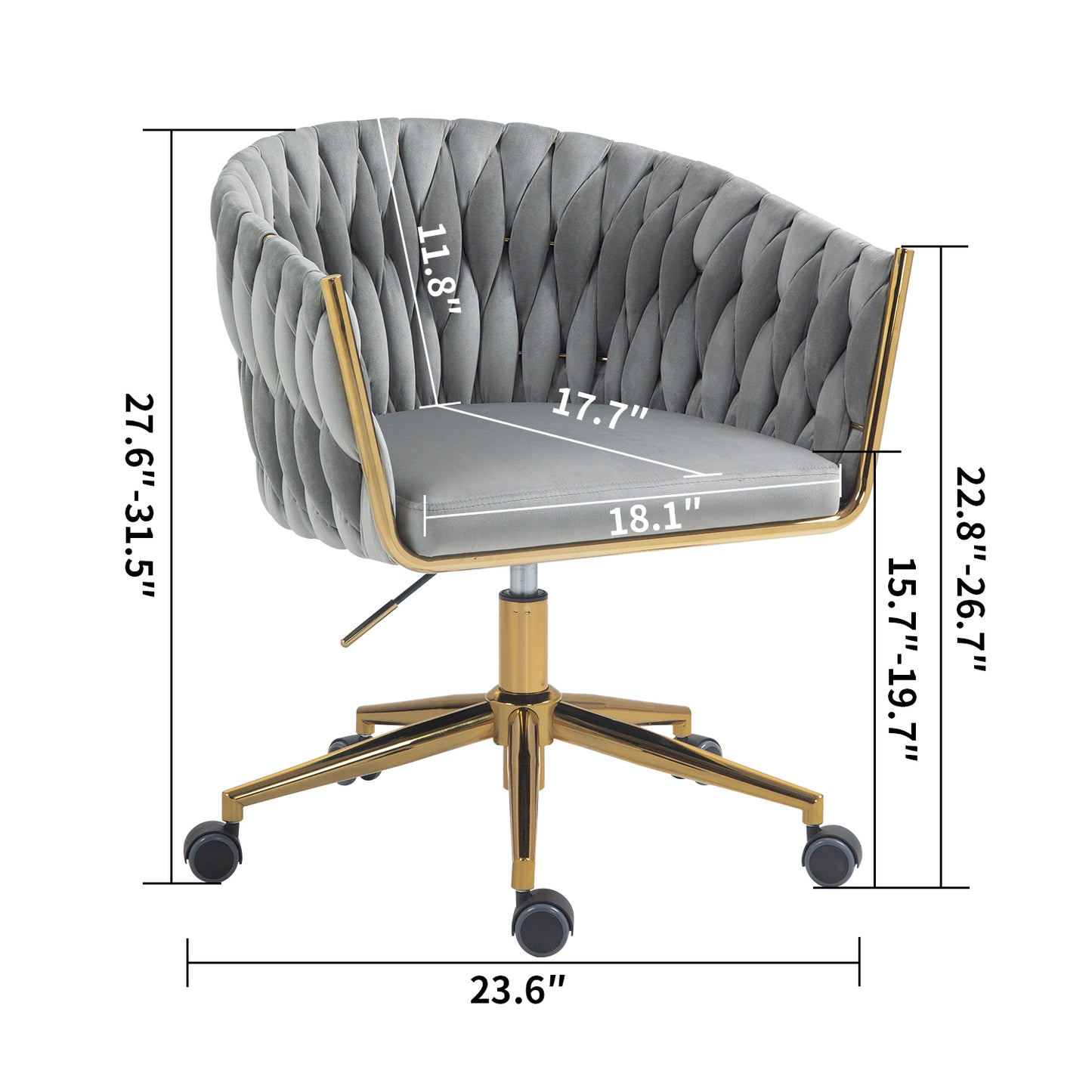 Hand-Woven Backrest Office Chair with Wheels Height Adjustable 360 degree Swivel for Bedroom Living Room Grey
