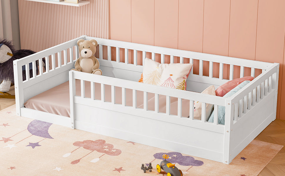 Twin Floor Bed Frame with Fence, Wood Kids Floor Beds Frame for Bedroom Playroom,White