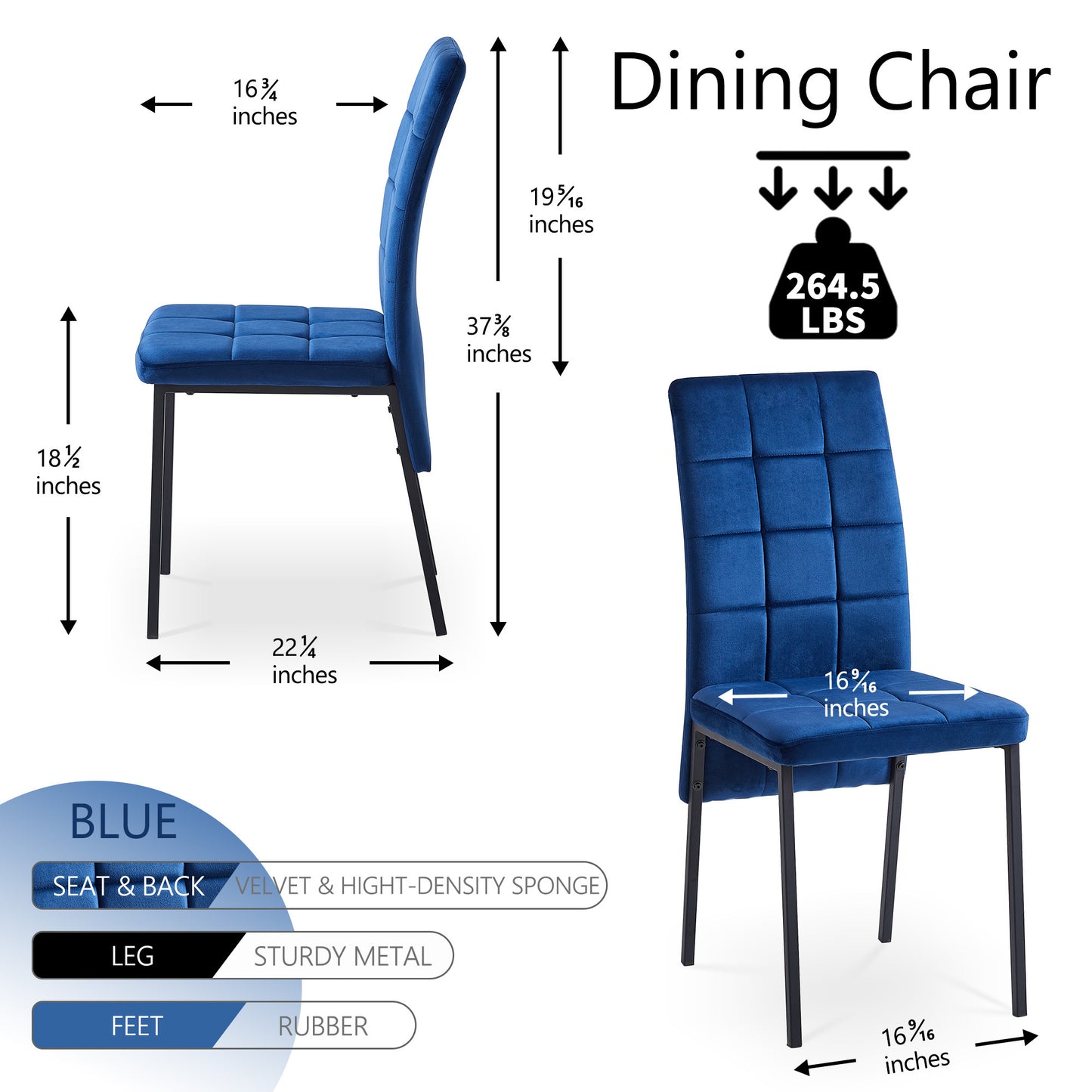 Dark Blue Velvet High Back Nordic Dining Chair Modern Fabric Chair with Black Legs, Set Of 4