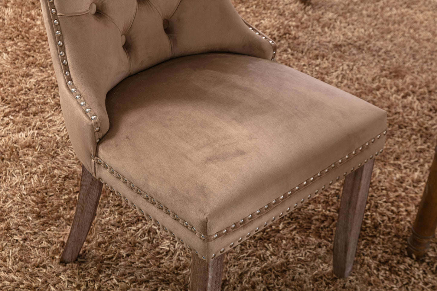 Modern Velvet Upholstered Dining Chair Set with Tufted Design and Nailhead Trim Solid Wood Legs Khaki 2-Pcs