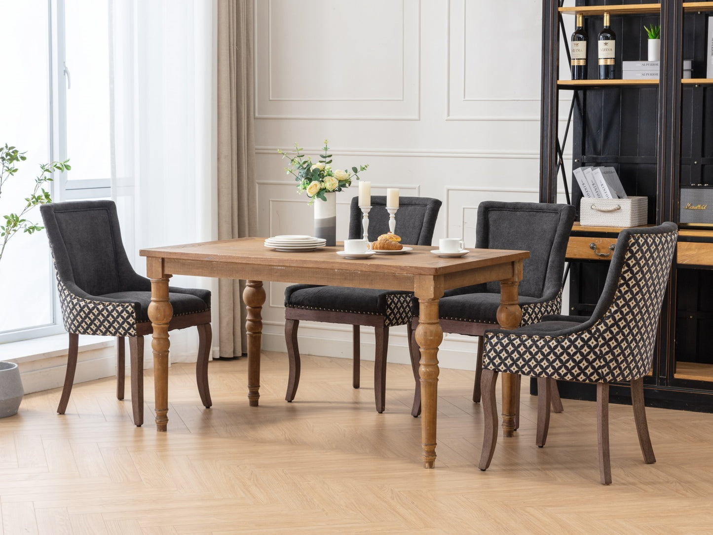 Ultra Side Dining Chair, Thickened fabric chairs with neutrally toned solid wood legs, Bronze nail head, Set of 2, Blue