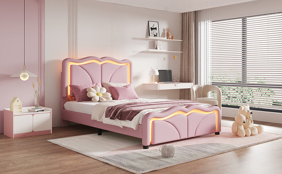 Twin Size Upholstered Platform Bed with Curve Shaped and Height-adjustbale Headboard,LED Light Strips,Pink