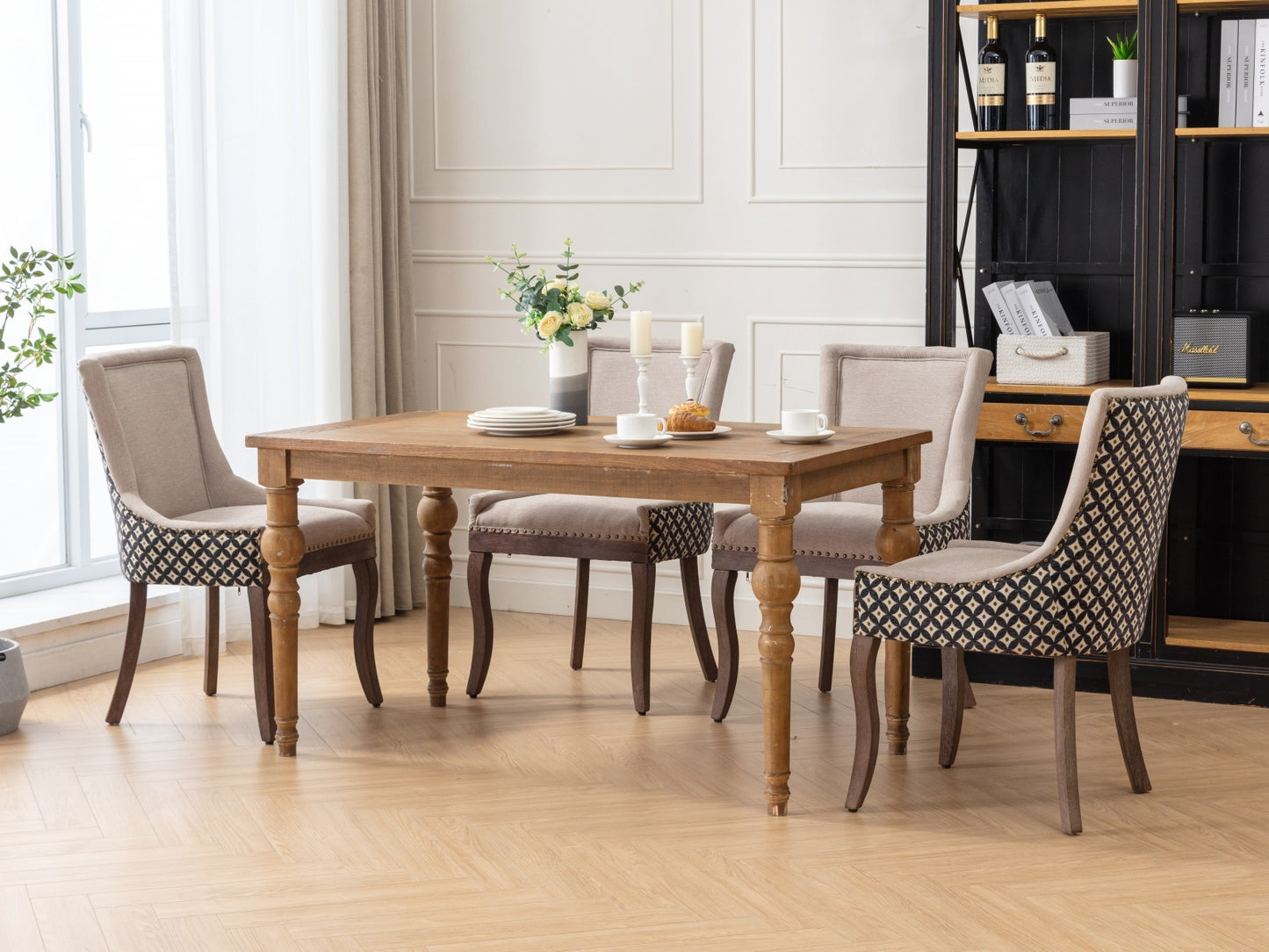 Ultra Side Dining Chairs Set of 2 Beige Thick Fabric with Solid Wood Legs and Bronze Nail Head