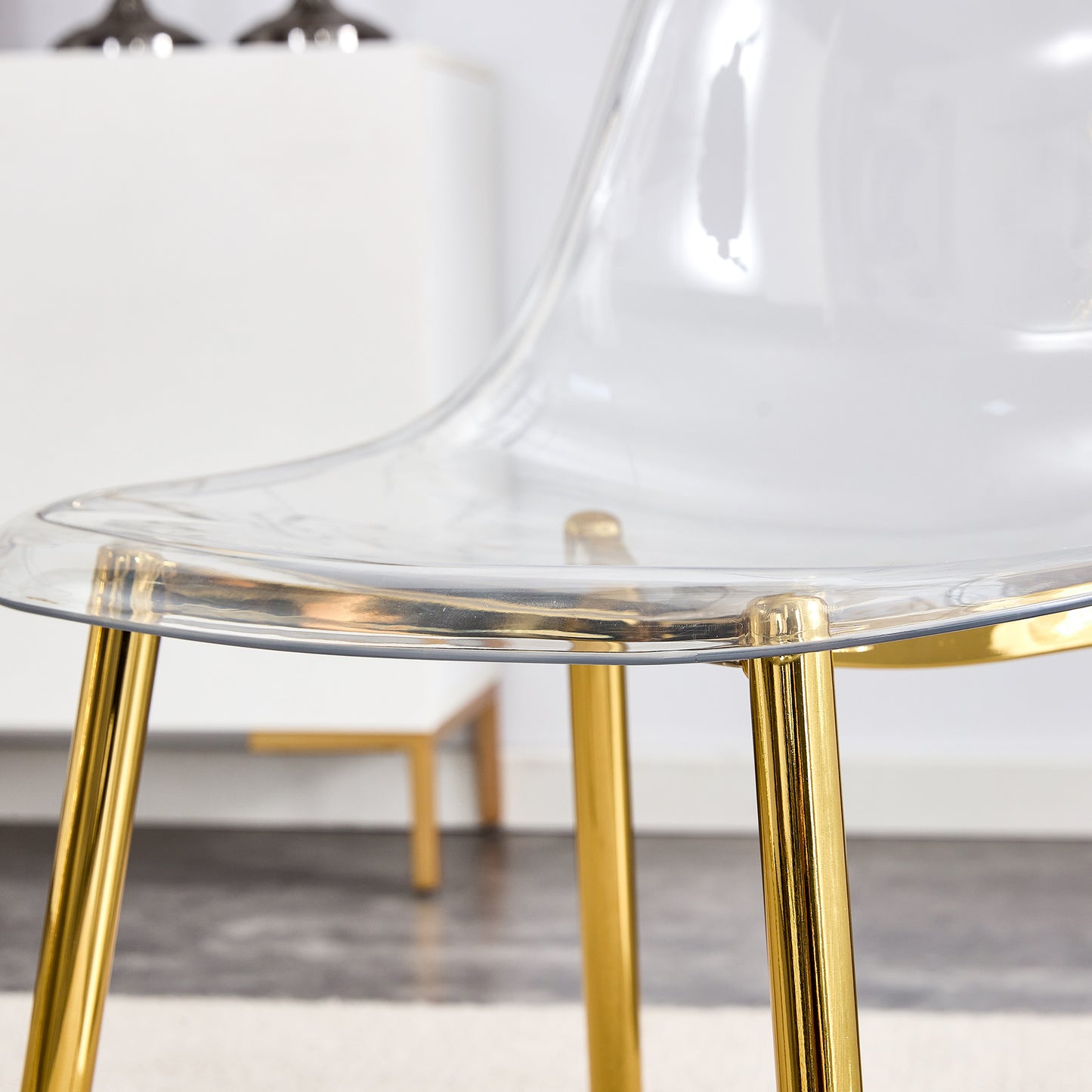 Modern Minimalist Transparent Dining Chair Set with Gold-Plated Metal Legs - Nordic Armless Crystal Makeup Stools 6-Piece TW-1200