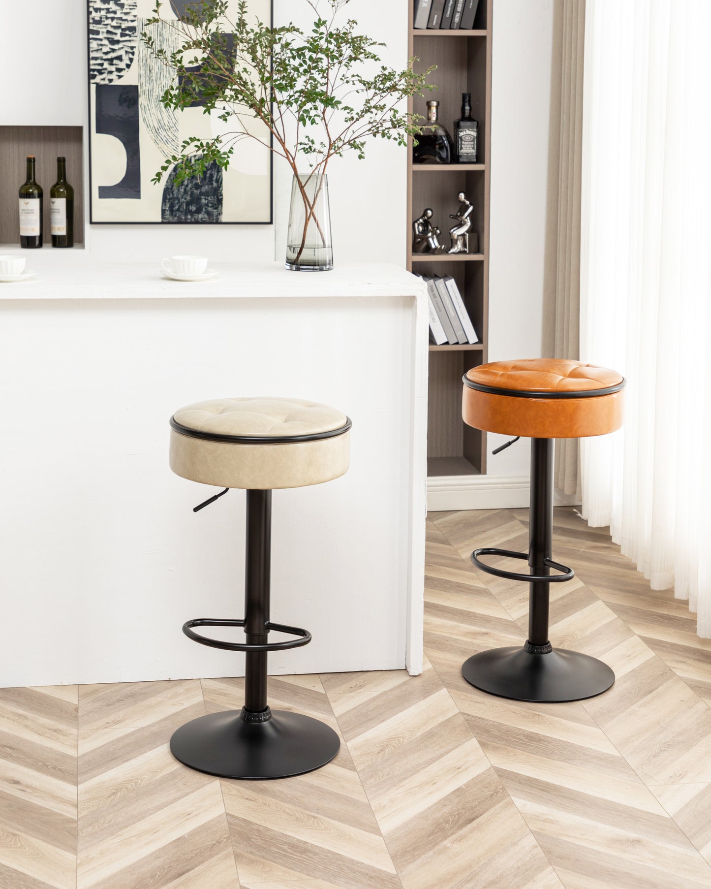 Adjustable Brown Faux Leather Bar Stool Set of 2 360° Swivel Armless Counter Height Chairs for Kitchen Dining Living Room