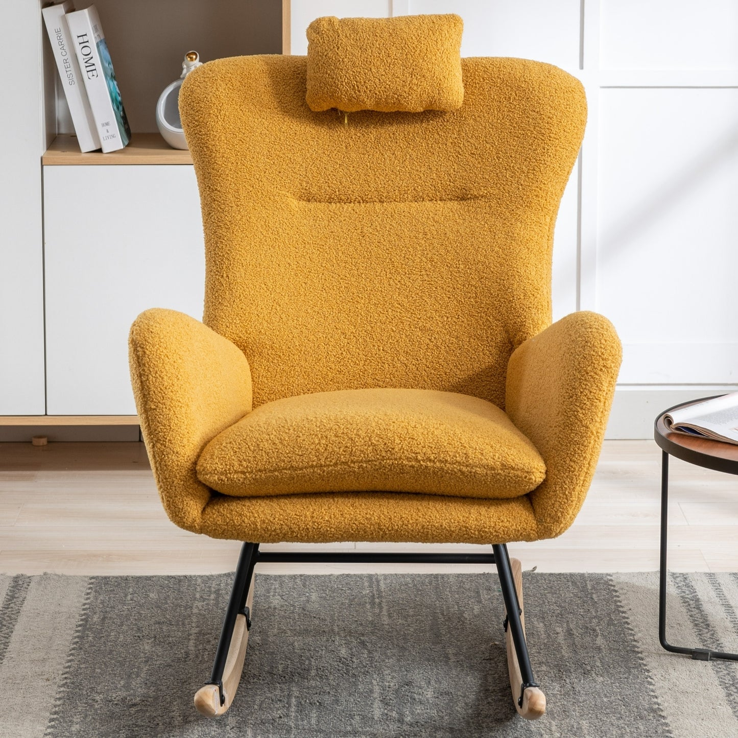 35.5 inch Rocking Chair with Pocket, Soft Teddy Fabric Rocking Chair for Nursery, Comfy Wingback Glider Rocker with Safe Solid Wood Base for Living Room Bedroom Balcony (TURMERIC)