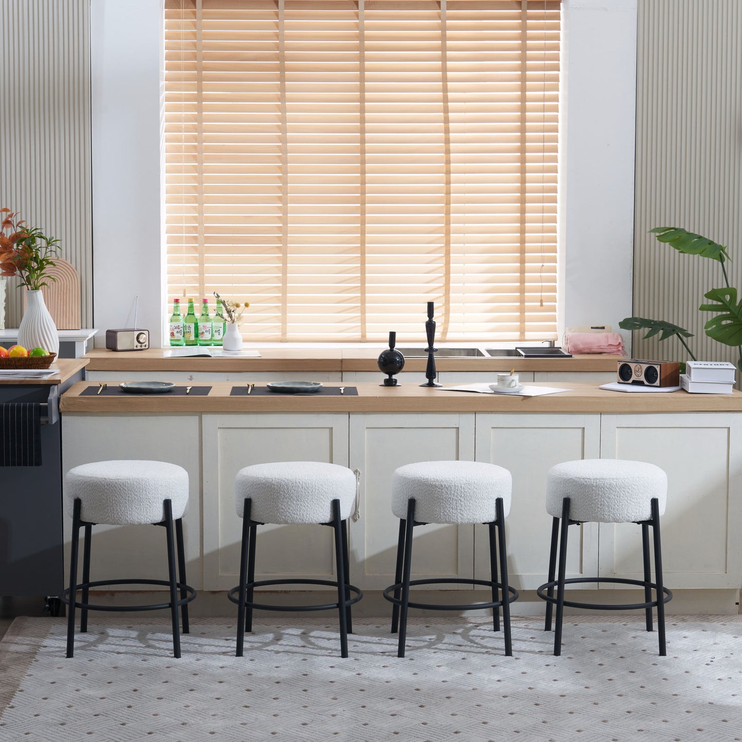 Set of 2 24 Inch Tall Round Upholstered Bar Stools for Kitchen and Coffee Shops Contemporary Design