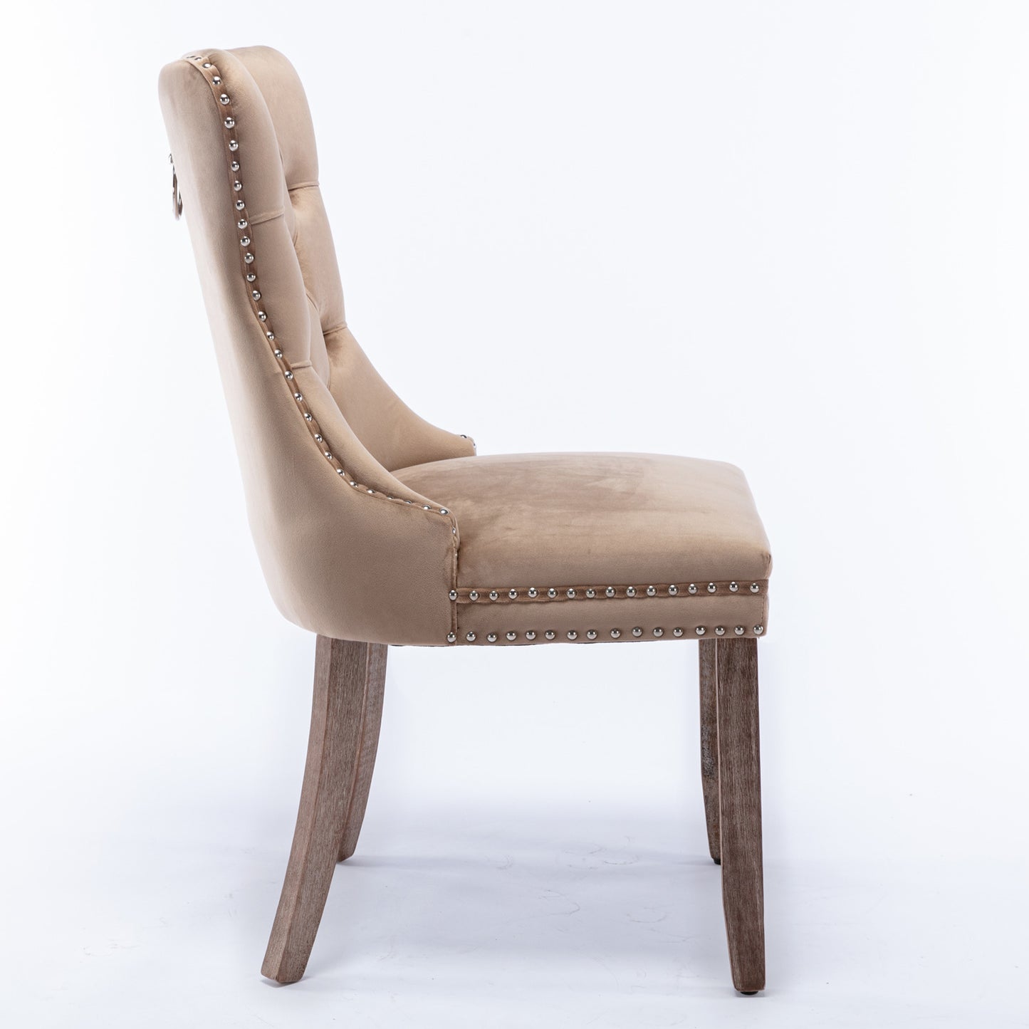 Modern Velvet Upholstered Dining Chair Set with Tufted Design and Nailhead Trim Solid Wood Legs Khaki 2-Pcs