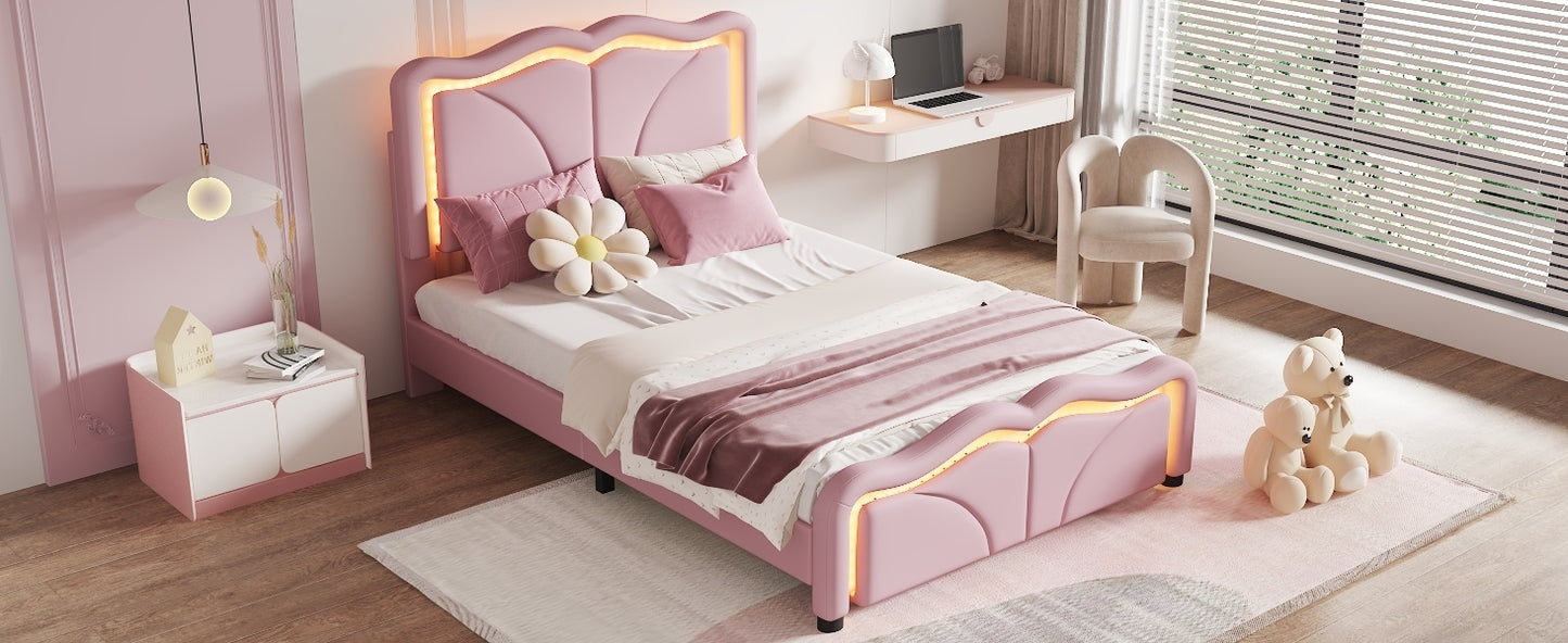 Twin Size Upholstered Platform Bed with Curve Shaped and Height-adjustbale Headboard,LED Light Strips,Pink