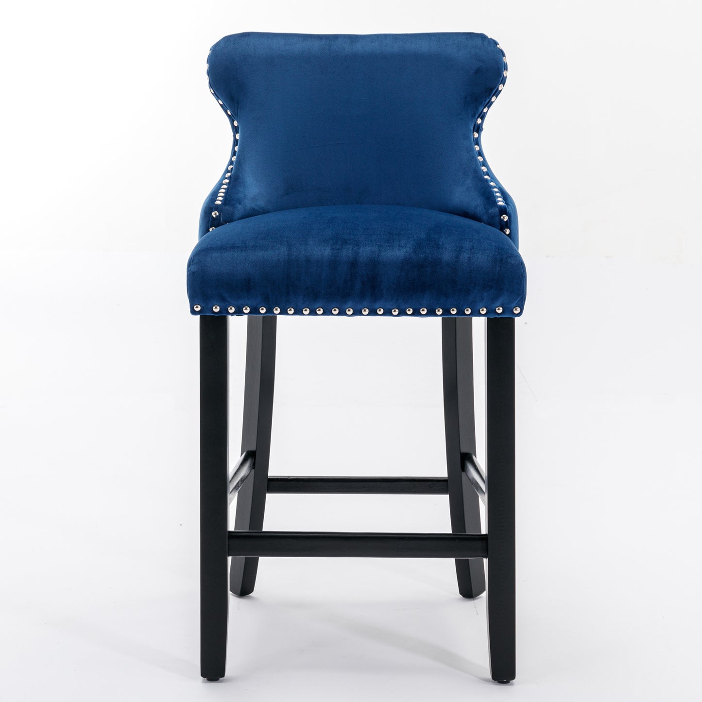 Contemporary Blue Velvet Wing-Back Barstools with Tufted Design and Wooden Legs Set of 2