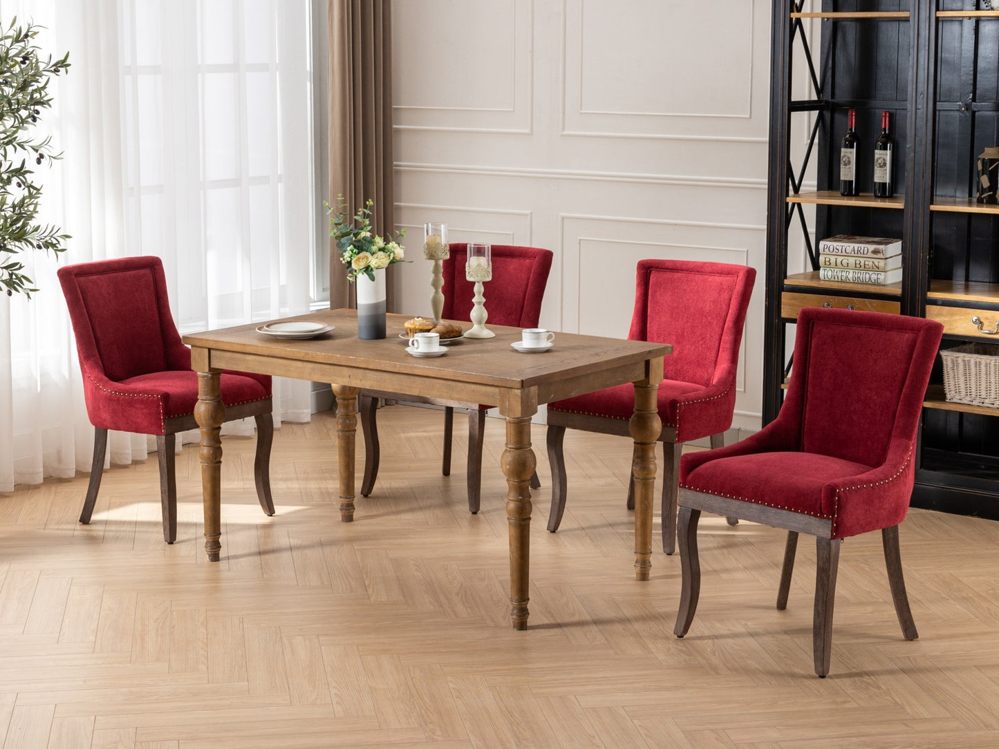 Ultra Side Dining Chair,Thickened fabric chairs with neutrally toned solid wood legs,Bronze nail head,Set of 2,Wine Red,Burgundy,SW1807WR