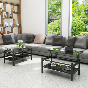 Modern Glass Lift Top Coffee Table with 2-Layer Design for Living Room Black Tempered Glass