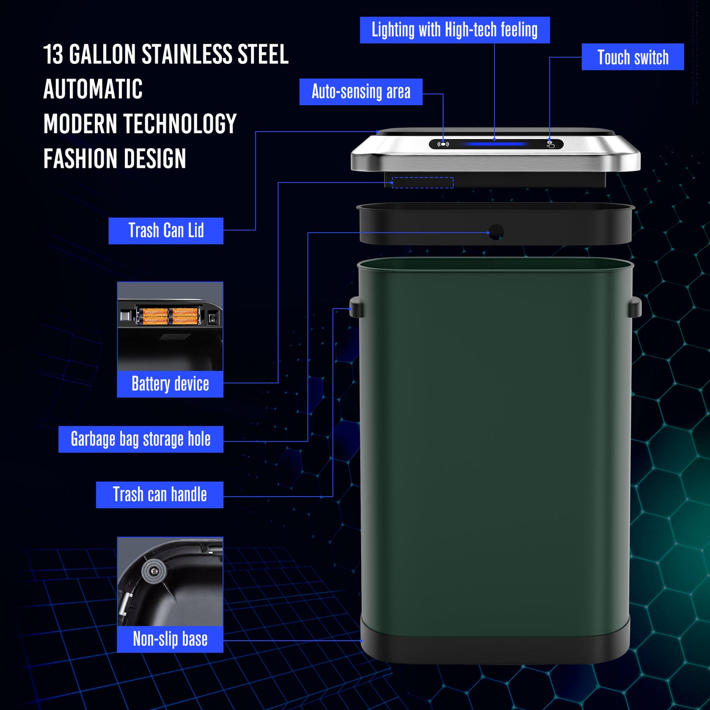 50L Smart Automatic Trash Can with Intelligent Sensor Touchless Operation Green Color
