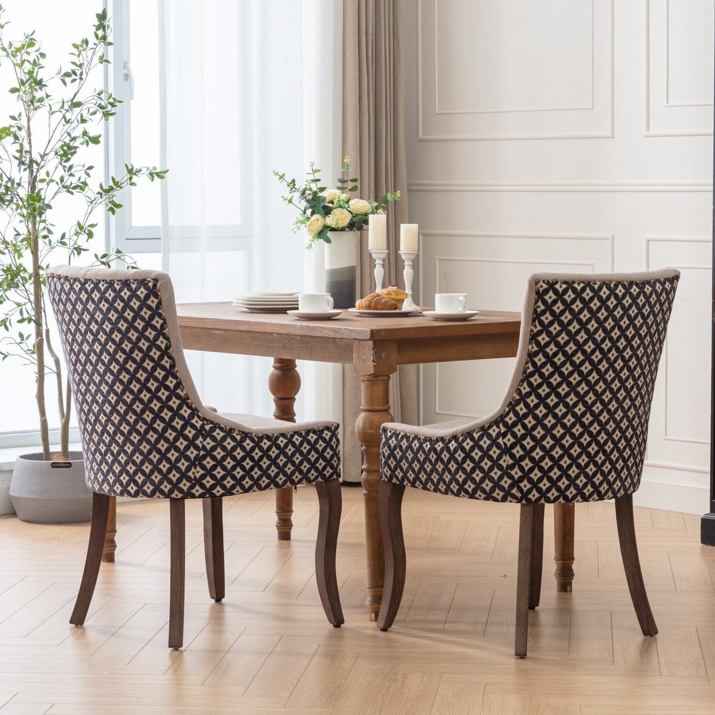 Ultra Side Dining Chairs Set of 2 Beige Thick Fabric with Solid Wood Legs and Bronze Nail Head
